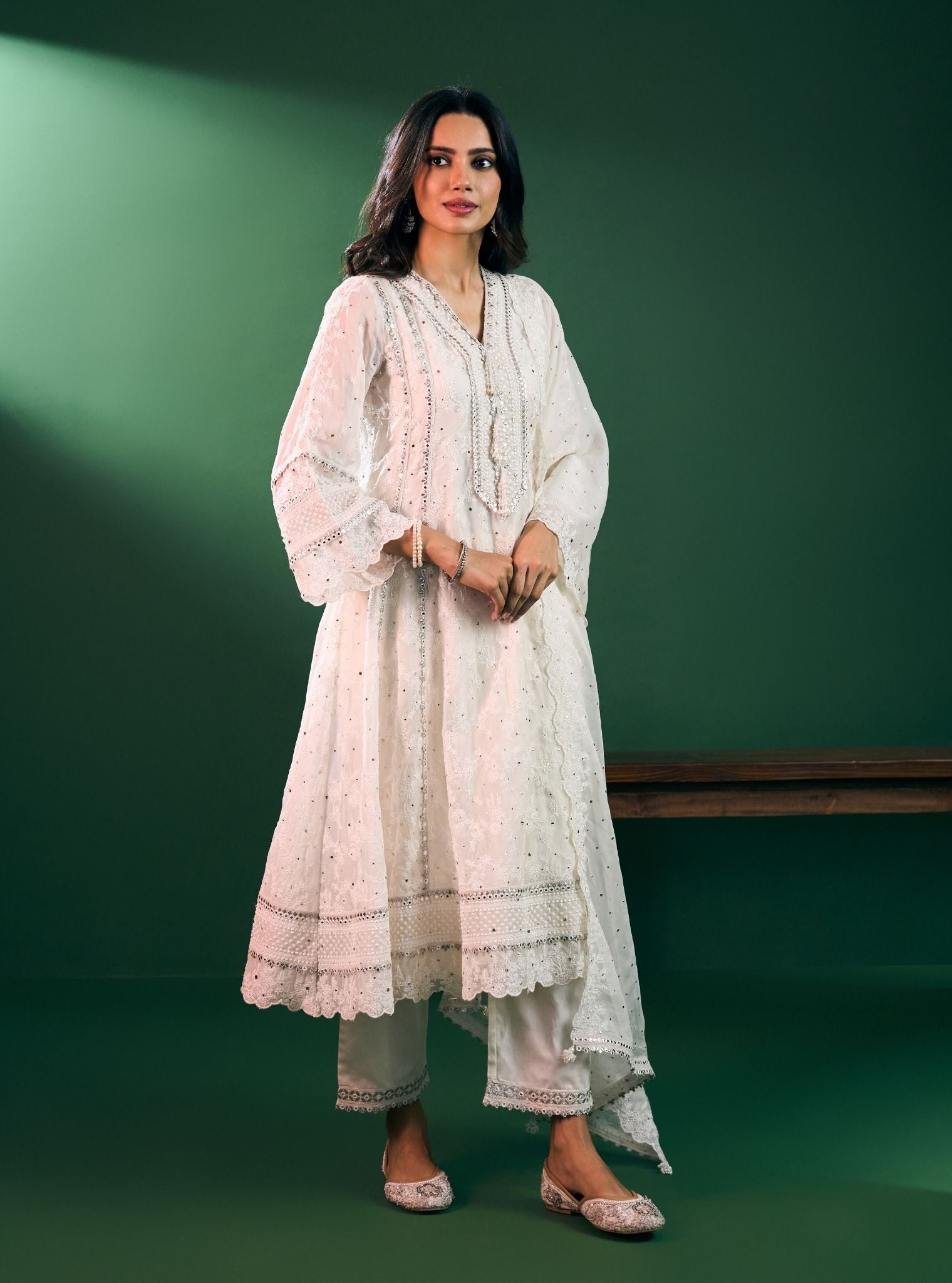 Rupa Organza Off White Anarkali Kurta Set
