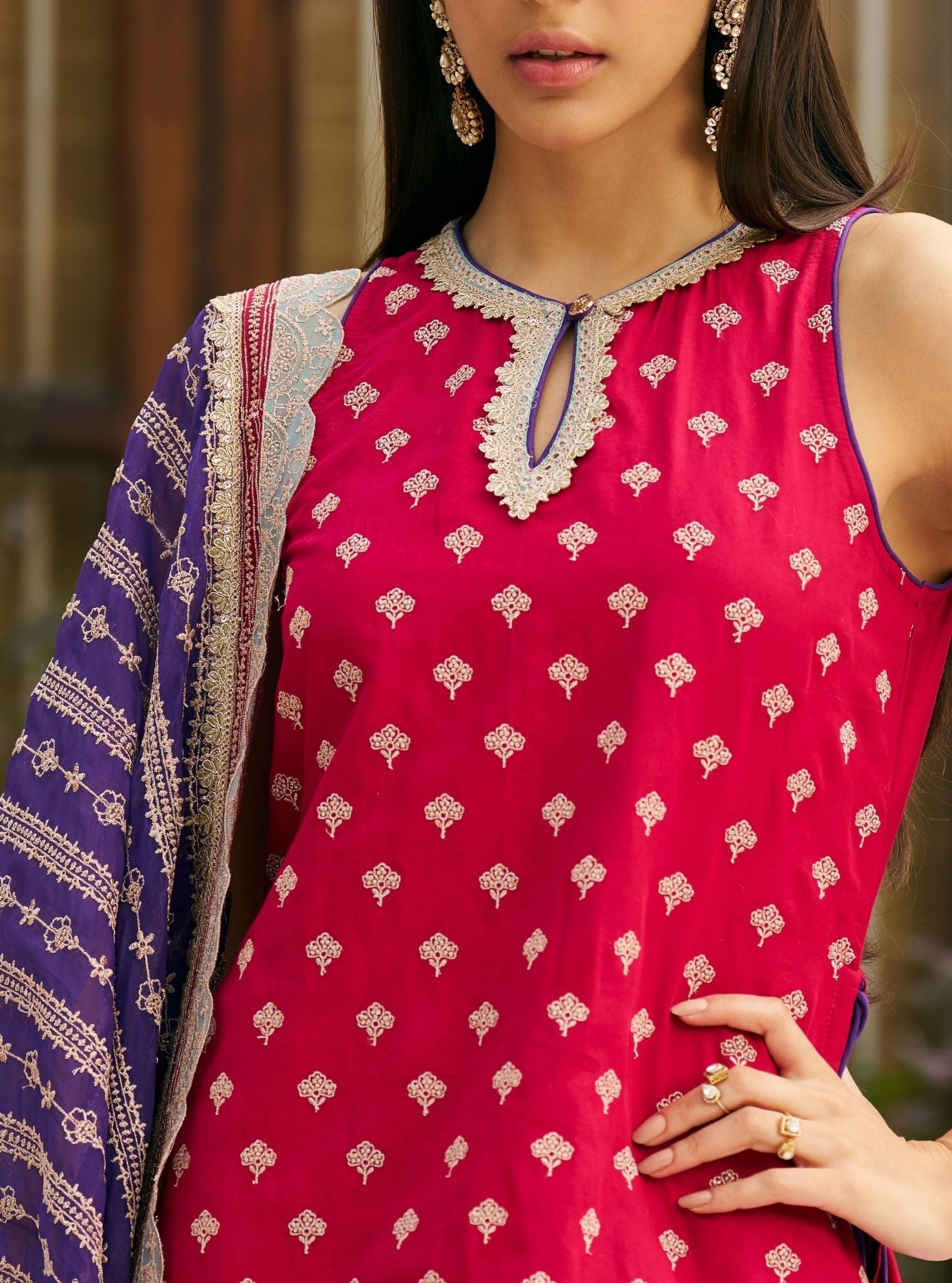 Sugandh Pima Satin Fuchsia Kurta With Farshi Salwar