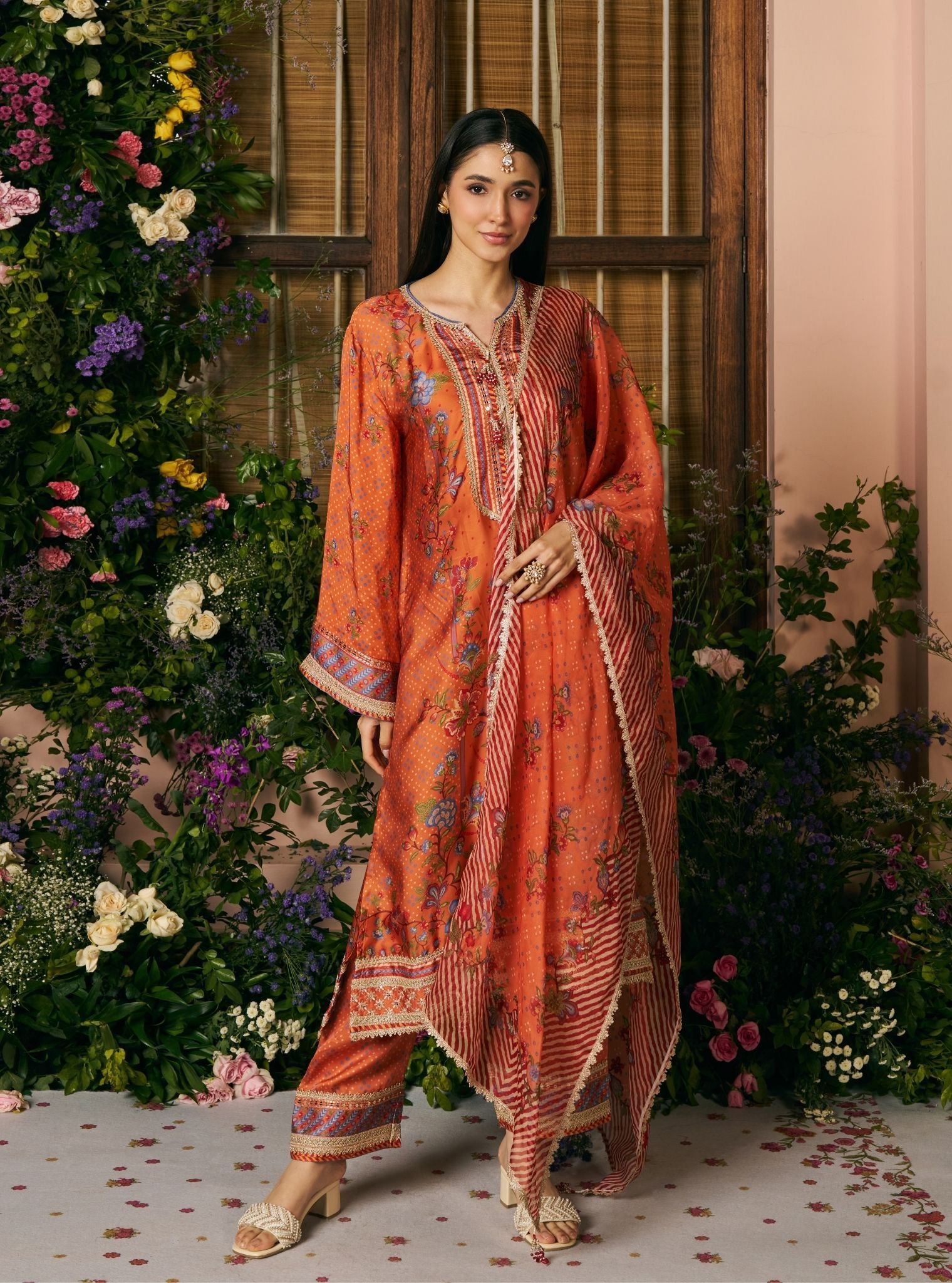Akshi Cupro Satin Printed Orange Kurta Set