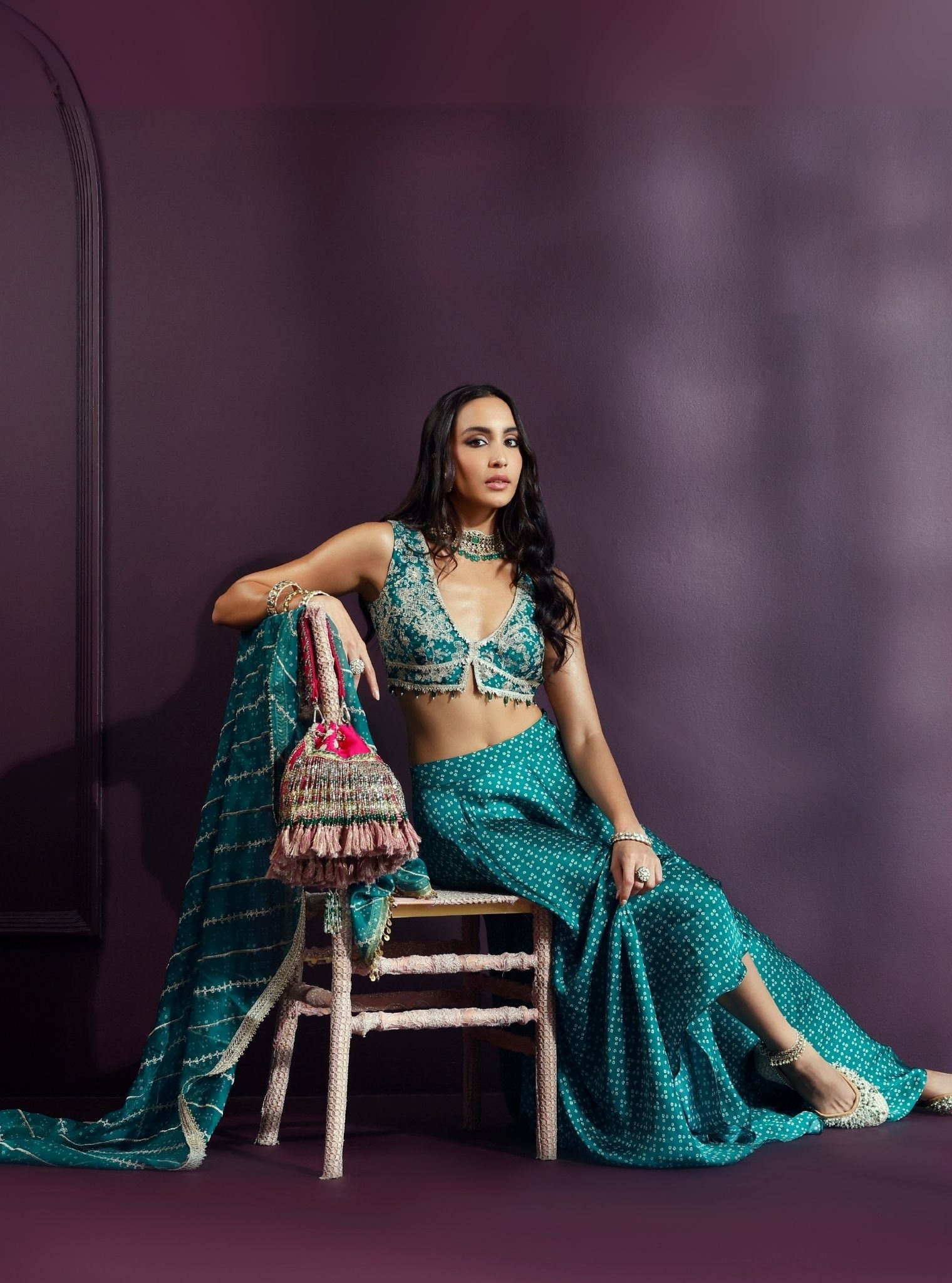 Kuni Cupro Satin Printed Emerald Green Skirt Set