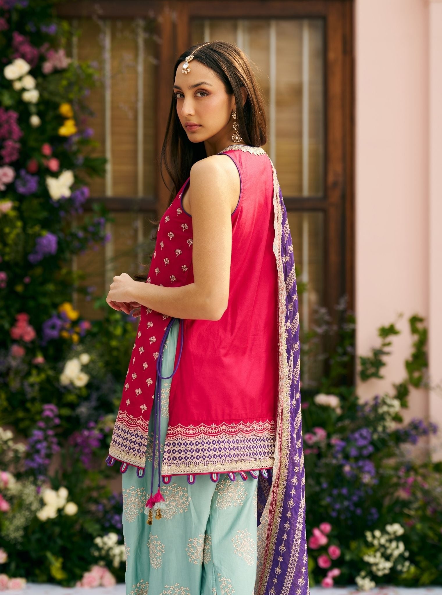 Sugandh Pima Satin Fuchsia Kurta With Farshi Salwar