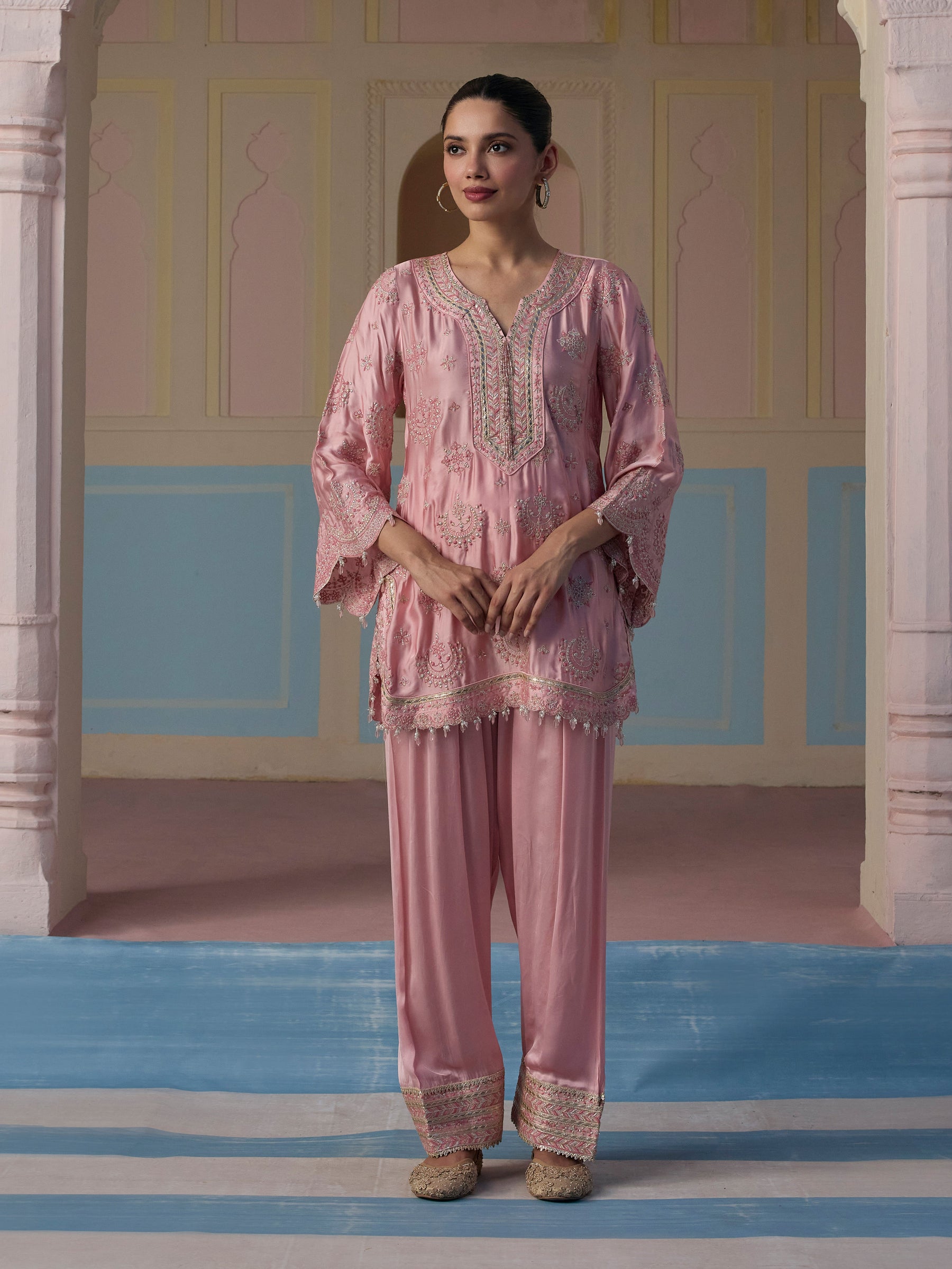 Jori Cupro Satin Pink Kurta With Farshi Salwar