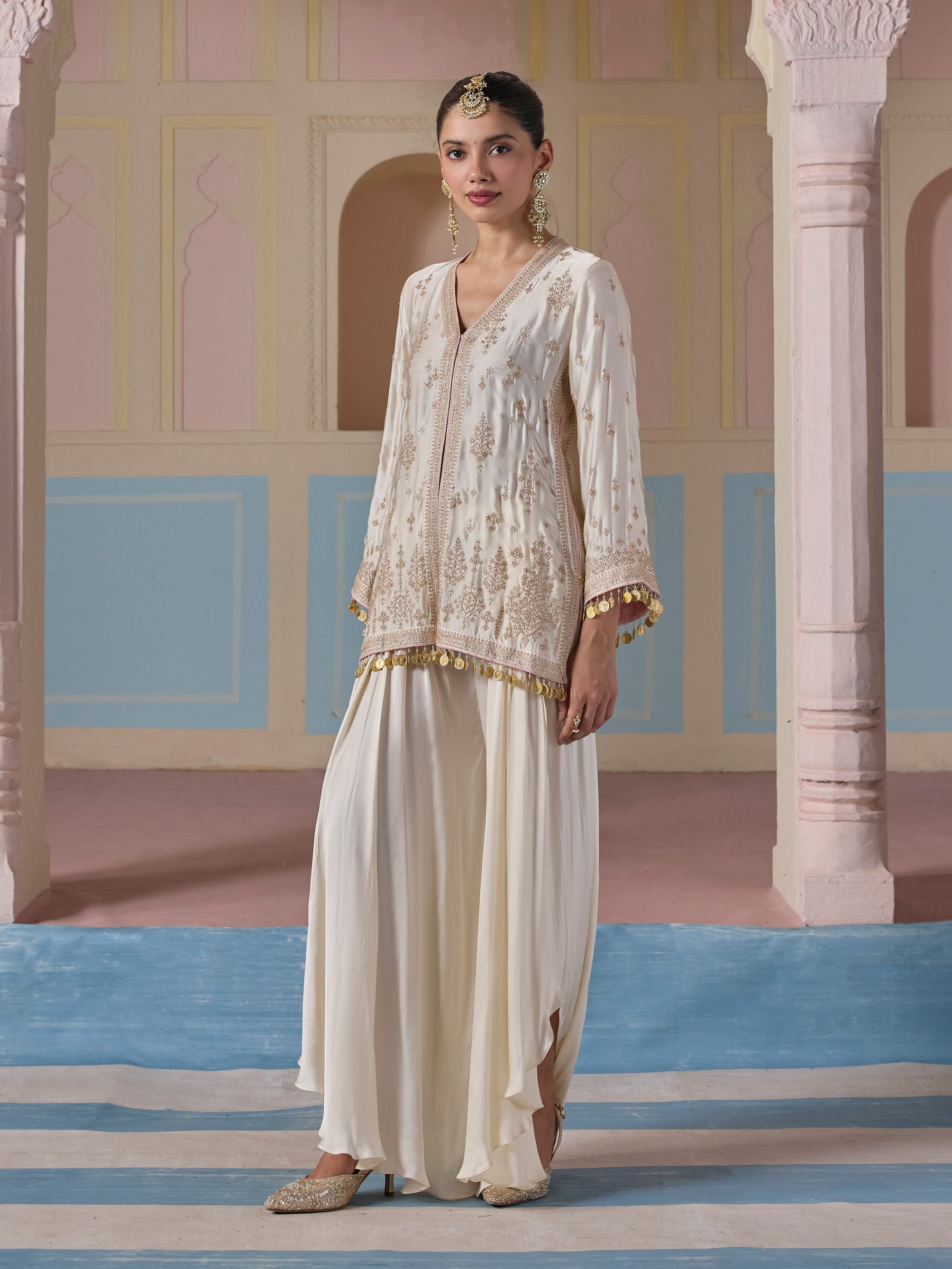 Laado Cupro Satin Off White Jacket with Draped Pants