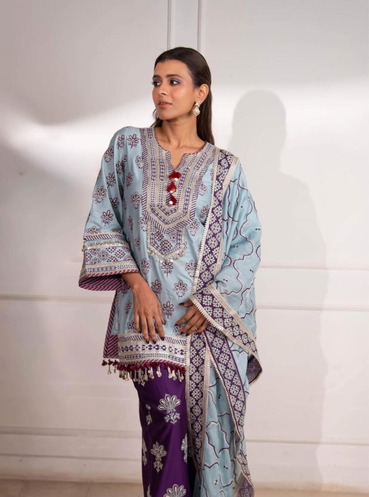 Lani Pima Satin Sky Blue Kurta With Farshi Salwar