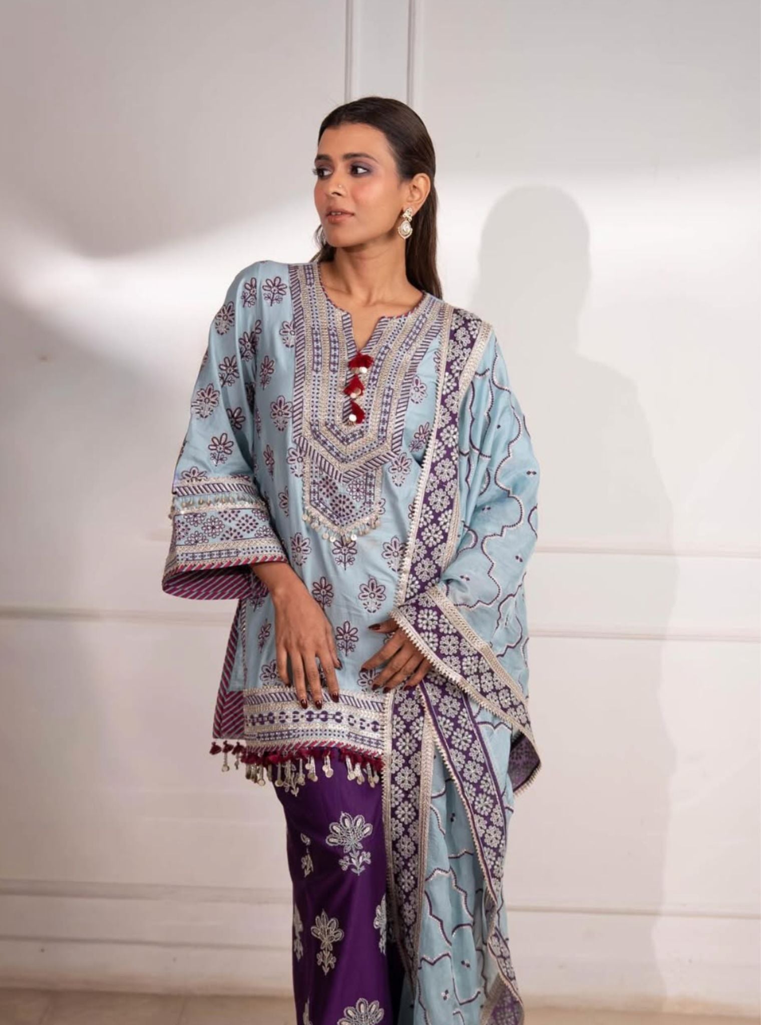 Lani Pima Satin Sky Blue Kurta With Farshi Salwar