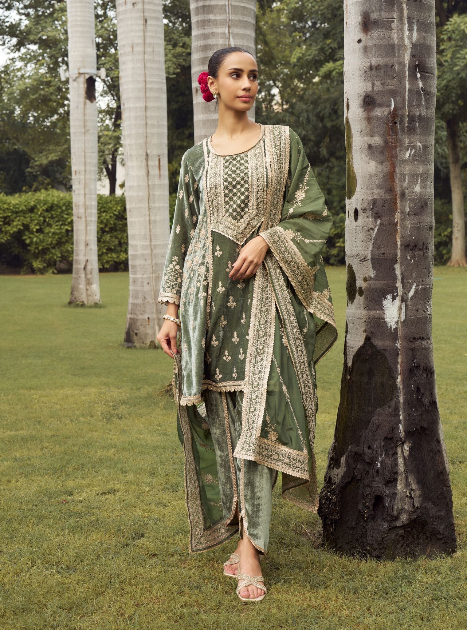 Shayari Velvet Olive Green Kurta with Dhoti Pant Set