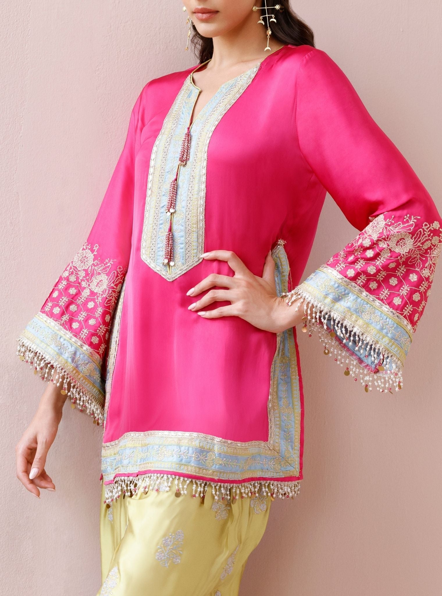 Shvi Cupro Satin Fuchsia Kurta With Farshi Salwar