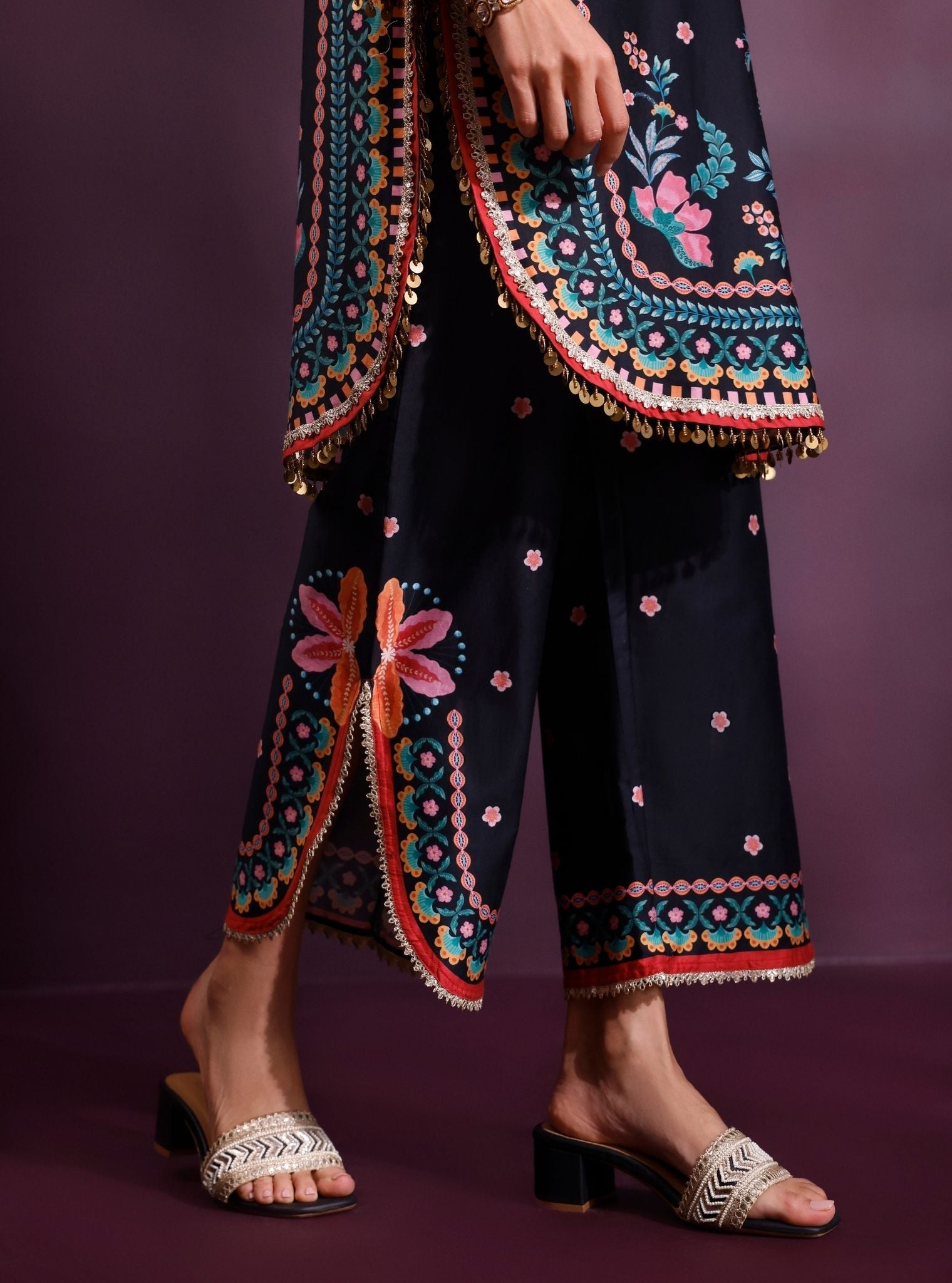 Omira Pima Satin Printed Black Kurta Set