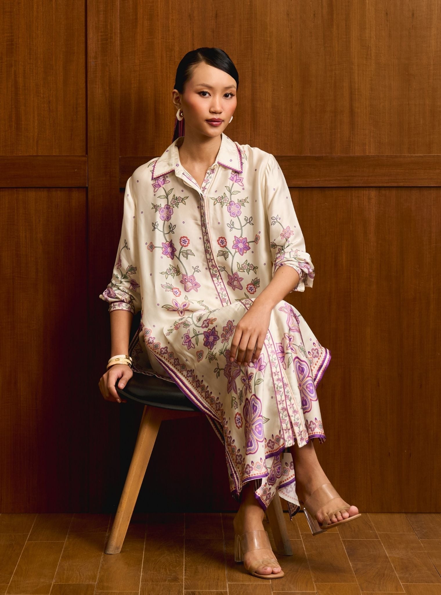 Mrina Cupro Satin Off White Long Shirt Co-ord Set