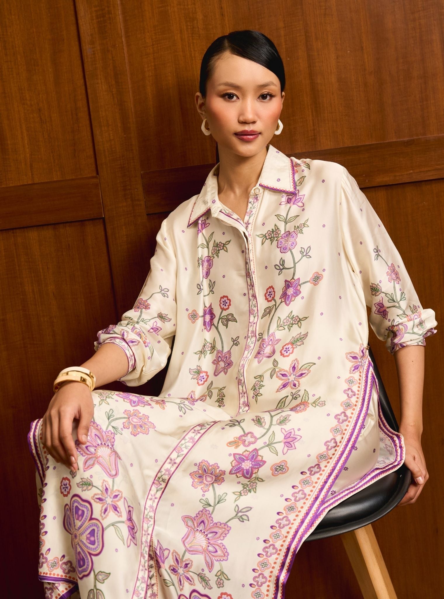 Mrina Cupro Satin Off White Long Shirt Co-ord Set