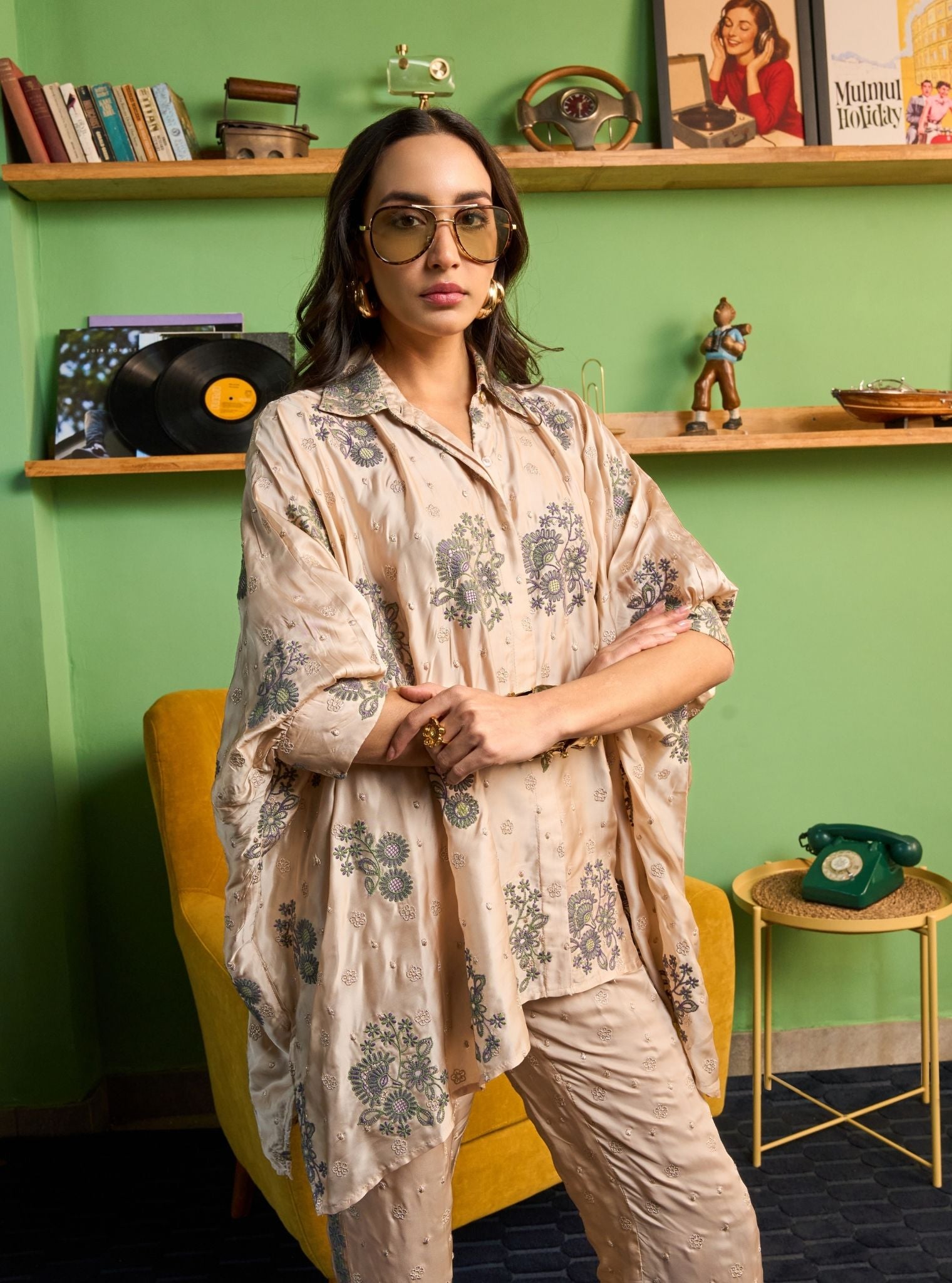 Siyaahi Cupro Satin Champagne Embroidery Shirt Set