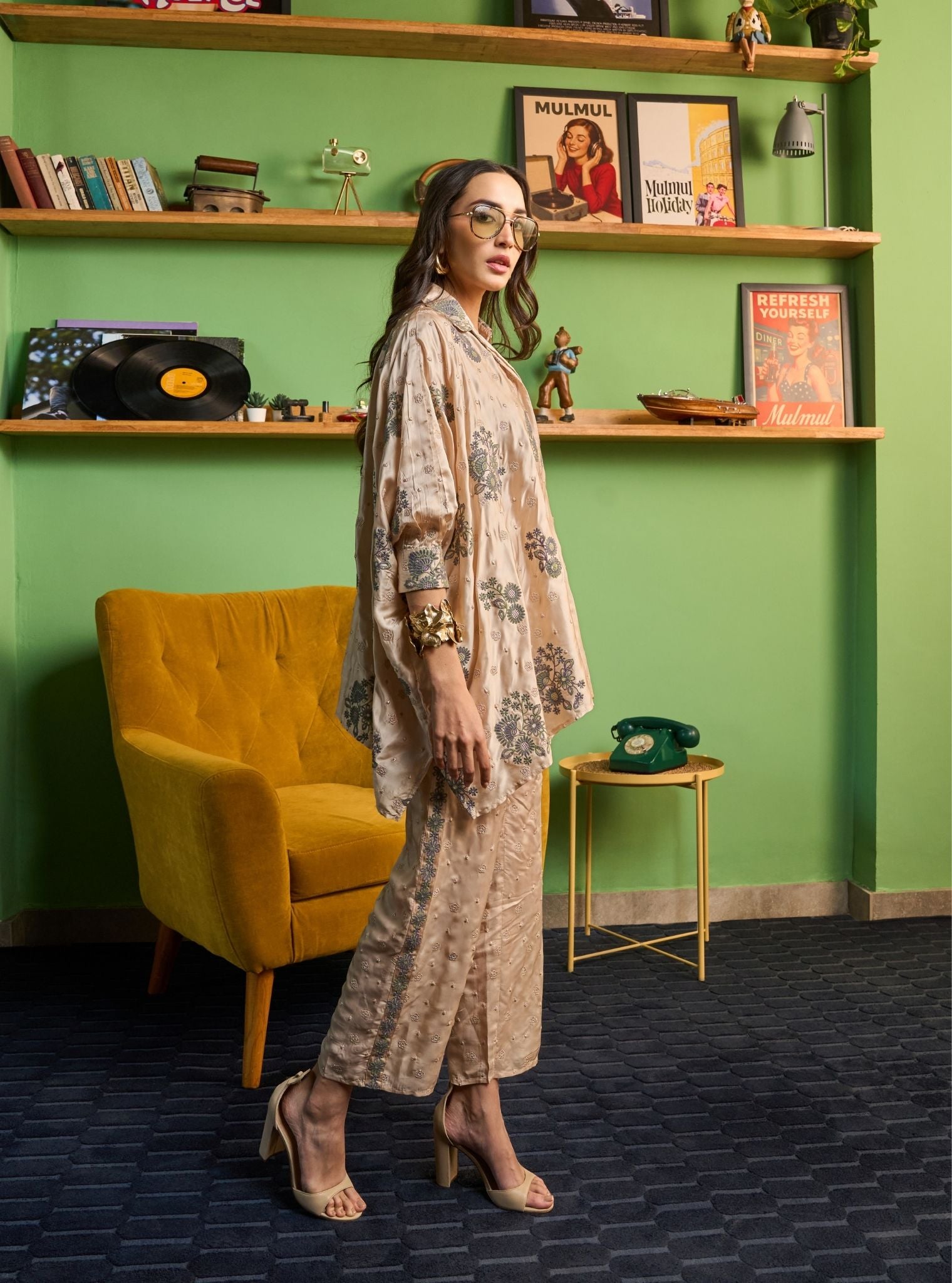 Siyaahi Cupro Satin Champagne Embroidery Shirt Set