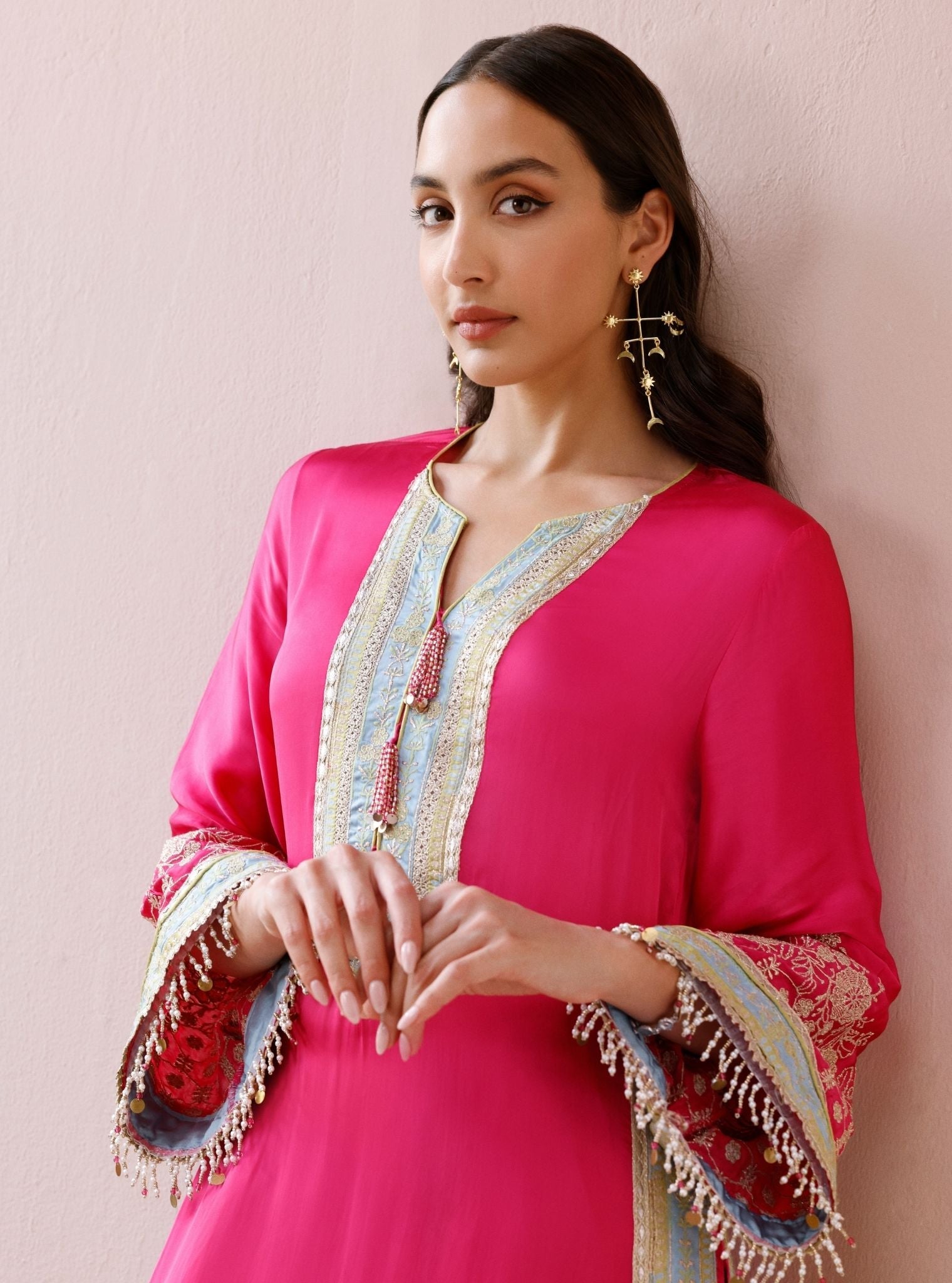 Shvi Cupro Satin Fuchsia Kurta With Farshi Salwar