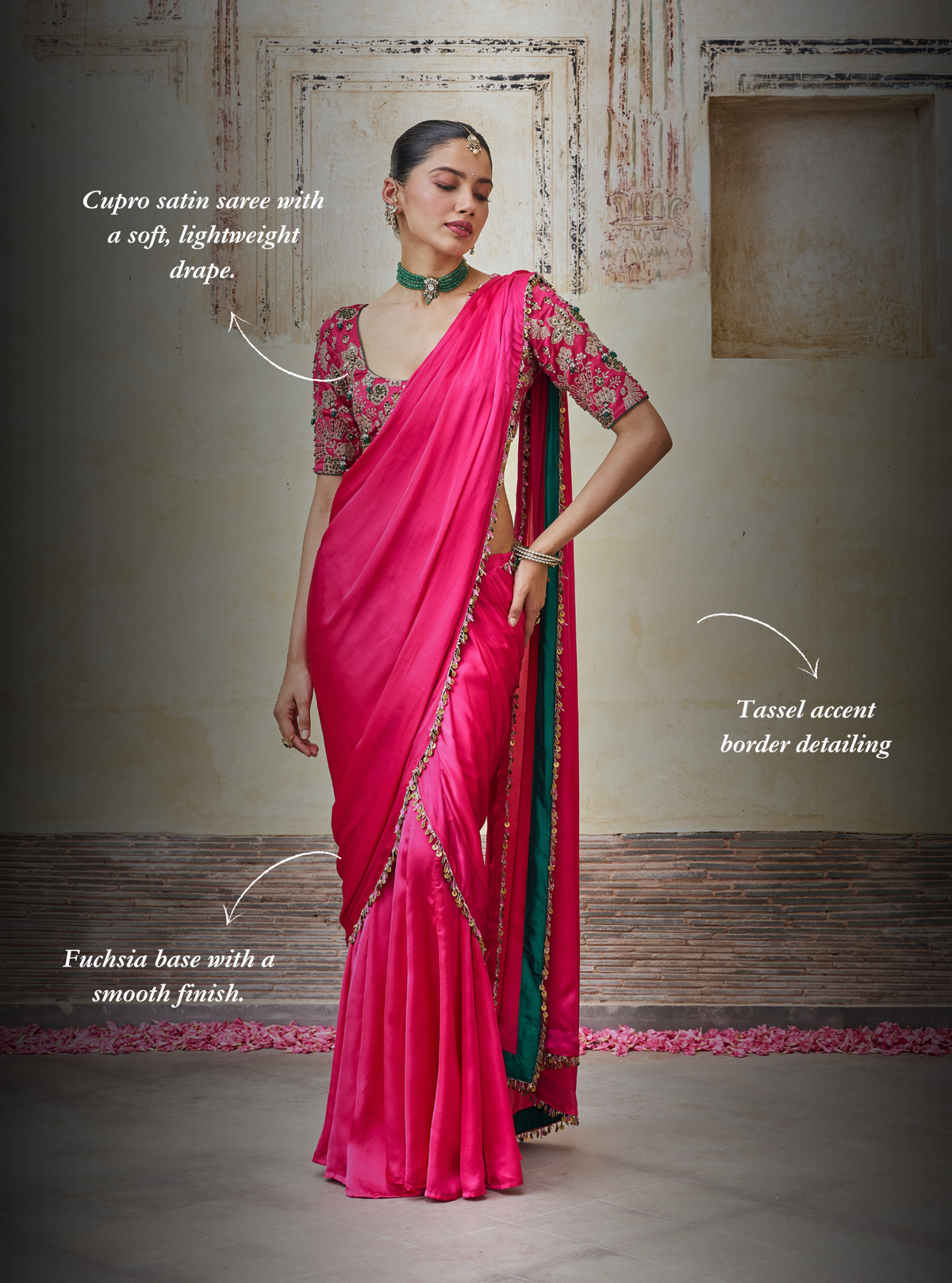 Saawari Cupro Satin Fuchsia Pre-draped Saree with Raw Silk Blouse
