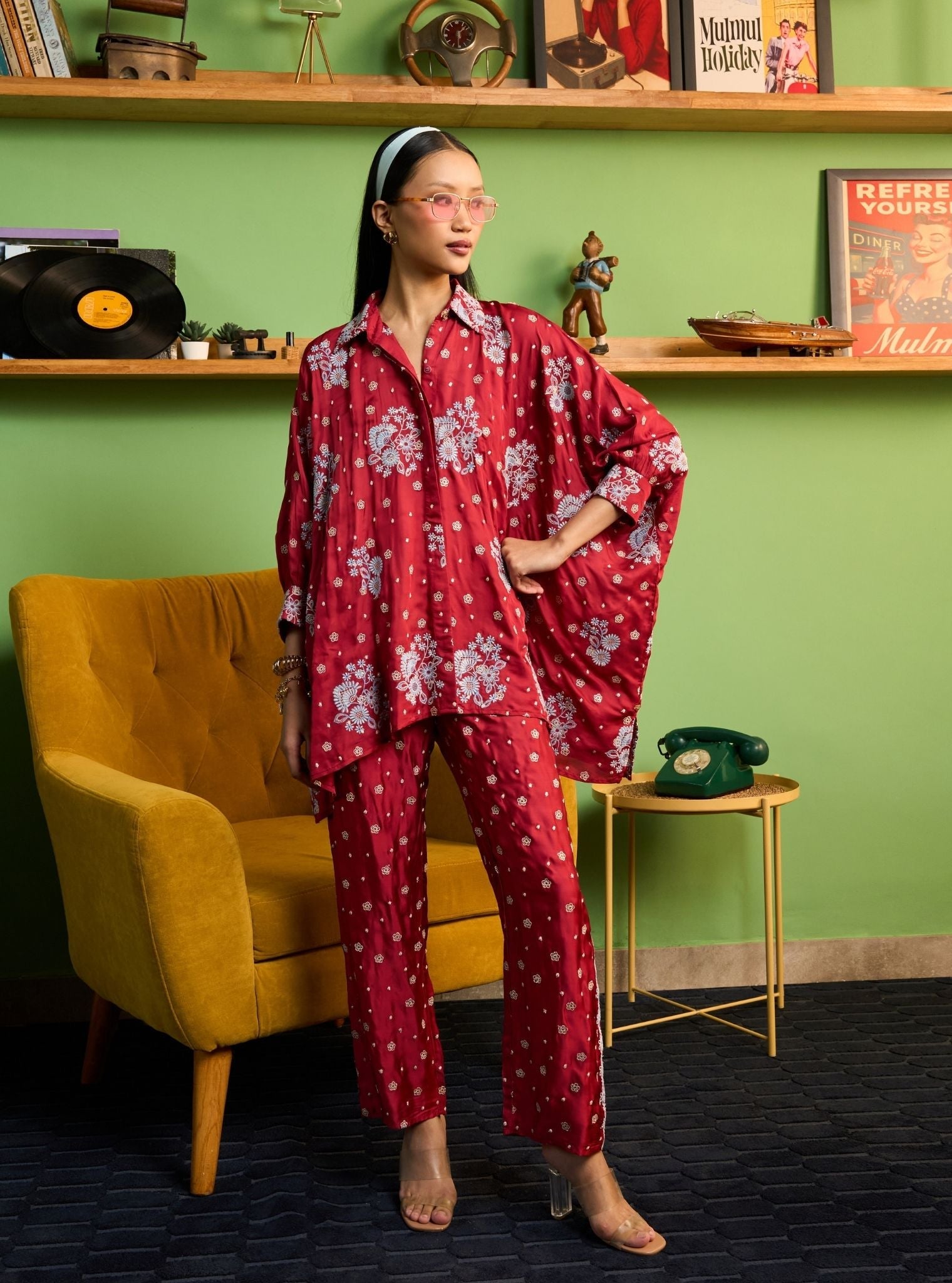 Siyaahi Cupro Satin Red Embroidery Shirt Set