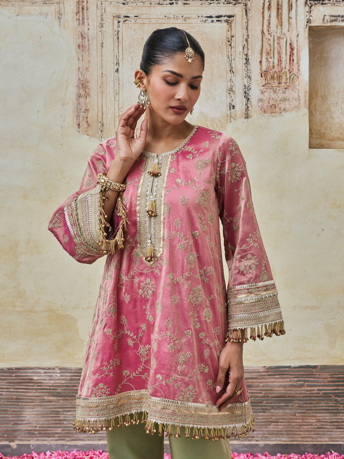 Odhira Tissue Organza Fuchsia & Green Sharara Set