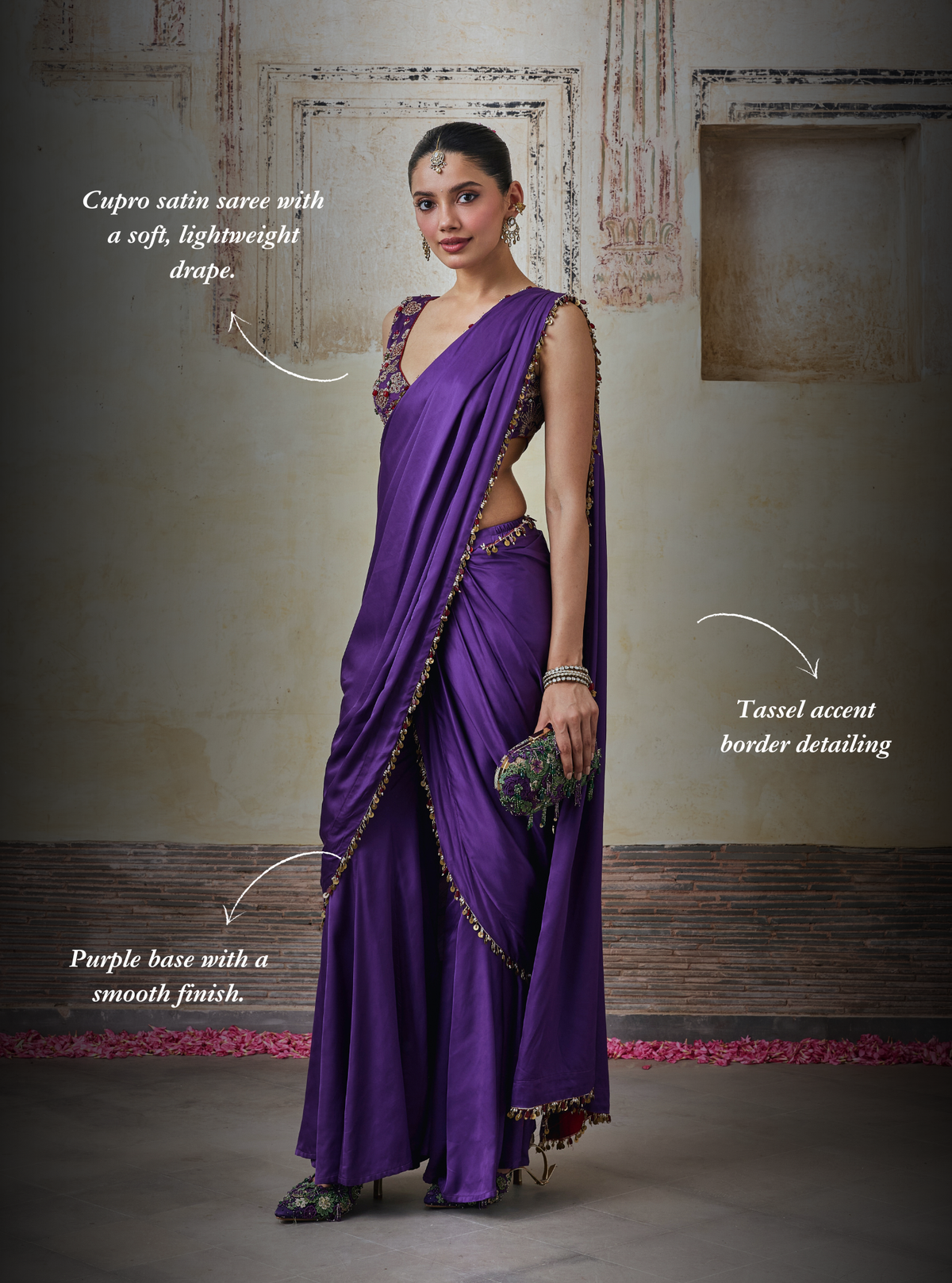 Saawari Cupro Satin Purple Pre-draped Saree with Raw Silk Blouse