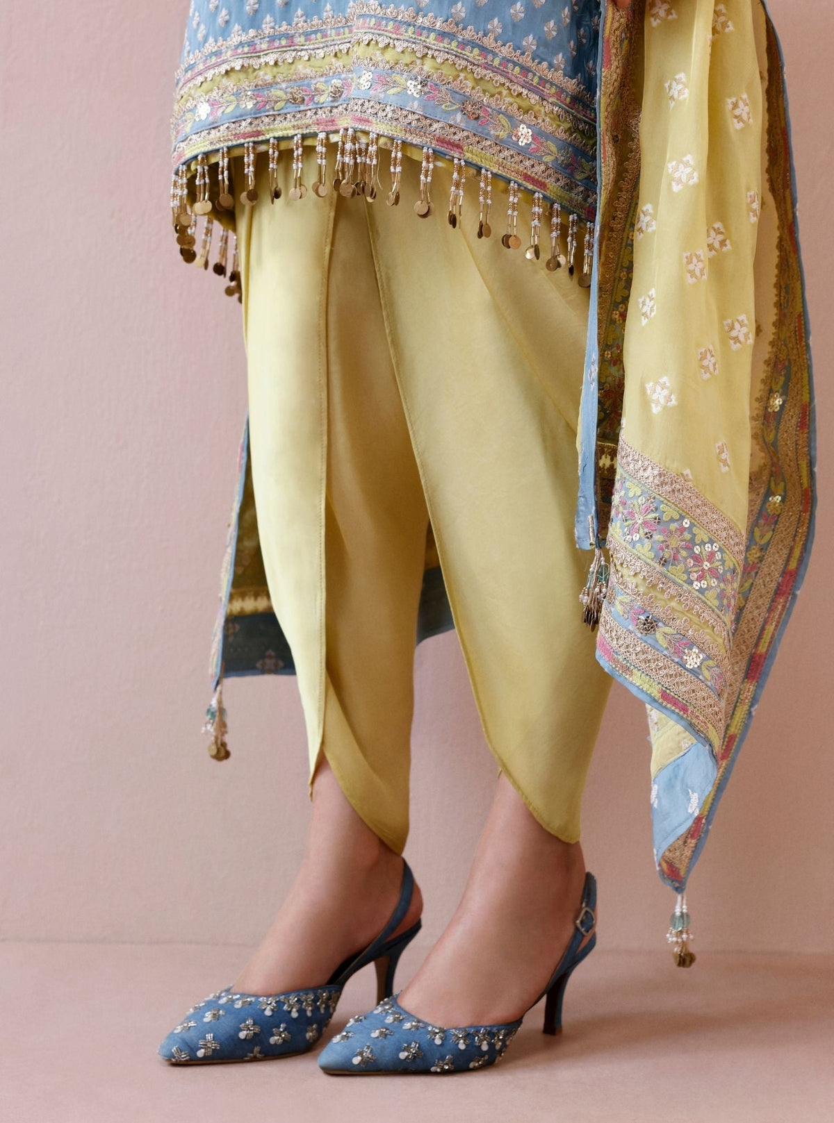 Tila Banarsi Blue Short Kurta with Dhoti Pants