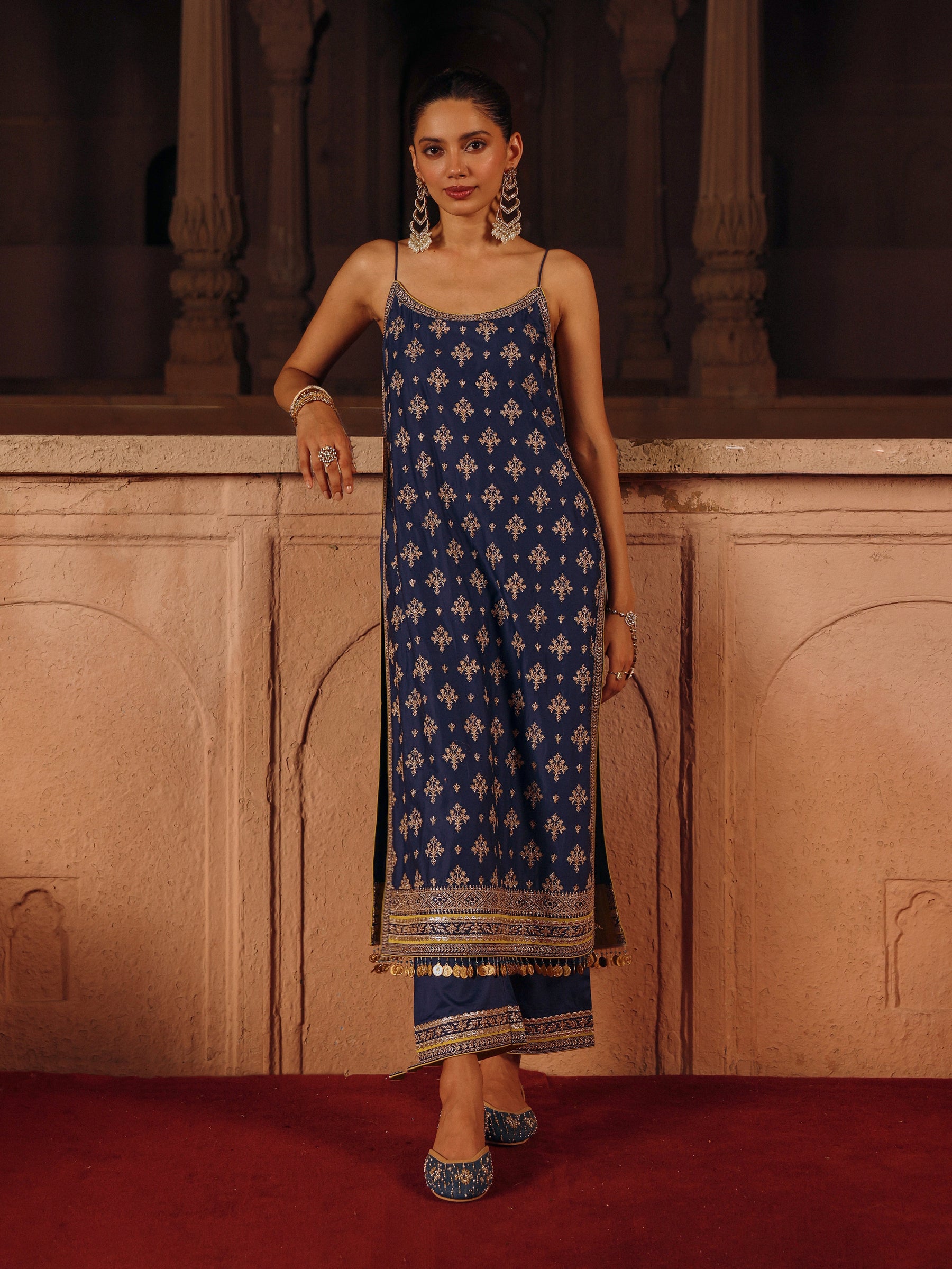 Tori Pima Satin Navy Strappy Long Kurta Set