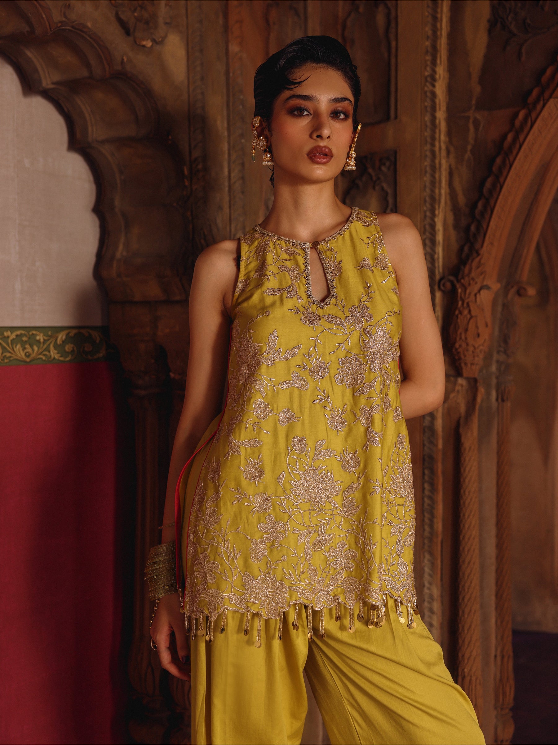 Mala Pima Satin Lime Kurta with Farshi Pants