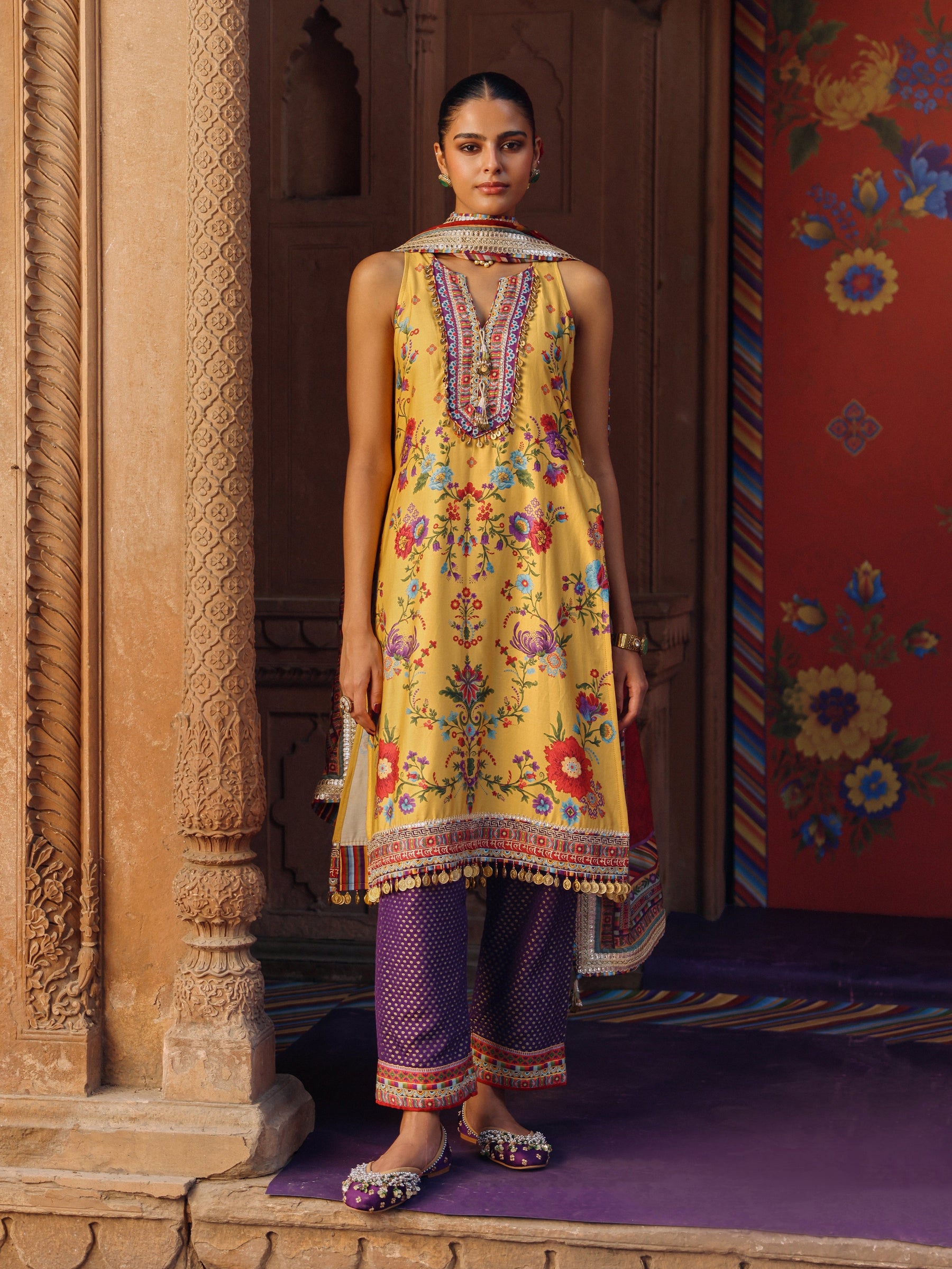 Kair Pima Satin Printed Mustard Kurta Set