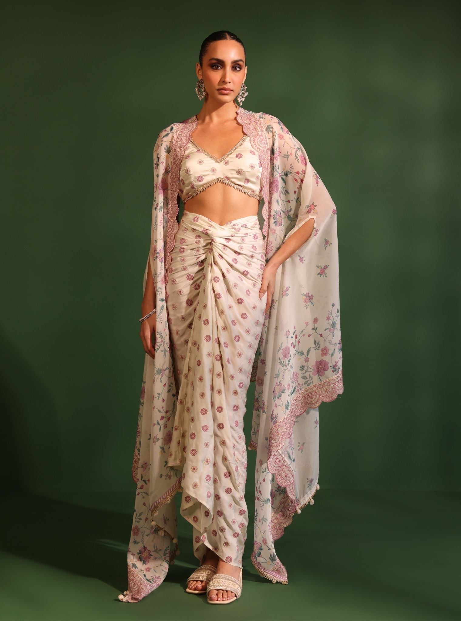 Laila Organza Printed Off White Cape Shrug With Skirt