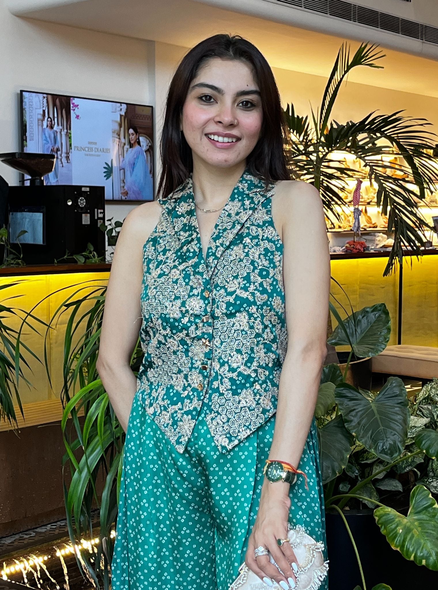 Kuhu Cupro Satin Printed Emerald Green Waistcoat With Wide Pleated Pant