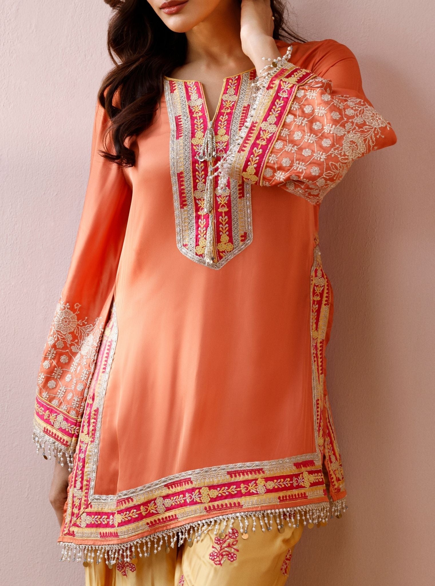 Shvi Cupro Satin Orange Kurta With Farshi Salwar