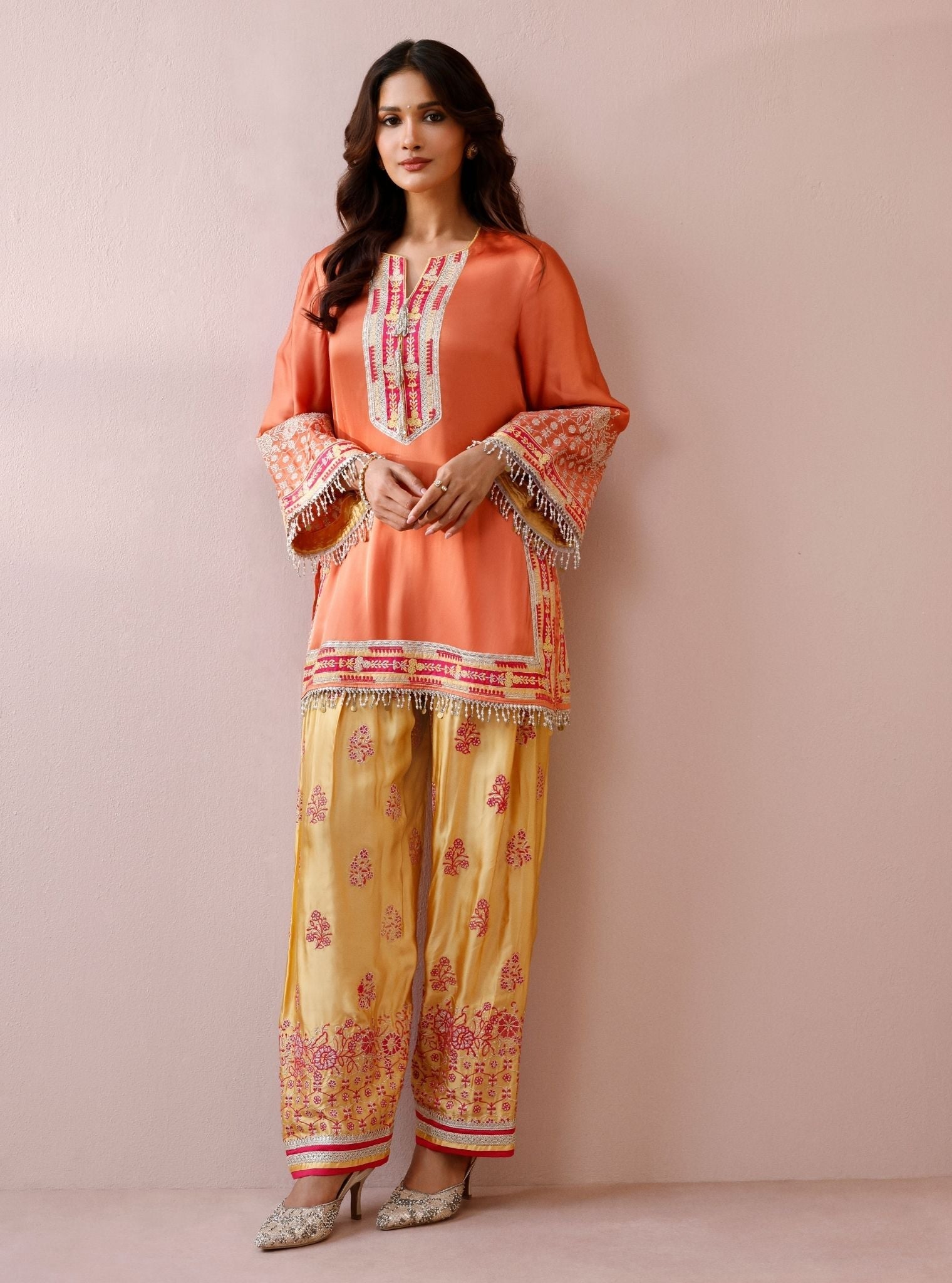 Shvi Cupro Satin Orange Kurta With Farshi Salwar