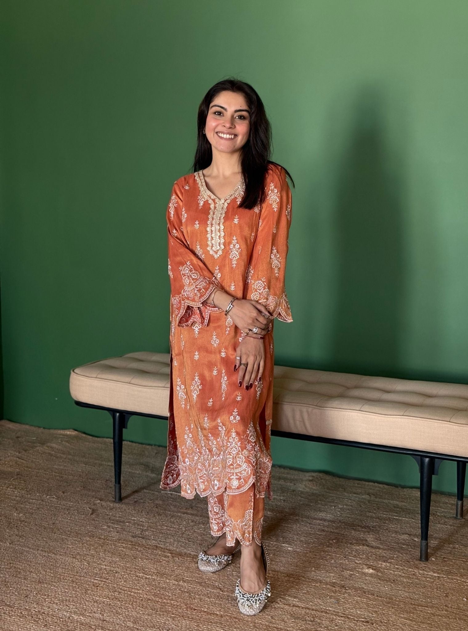 Emon Tissue Linen Satin Burnt Orange Kurta Set