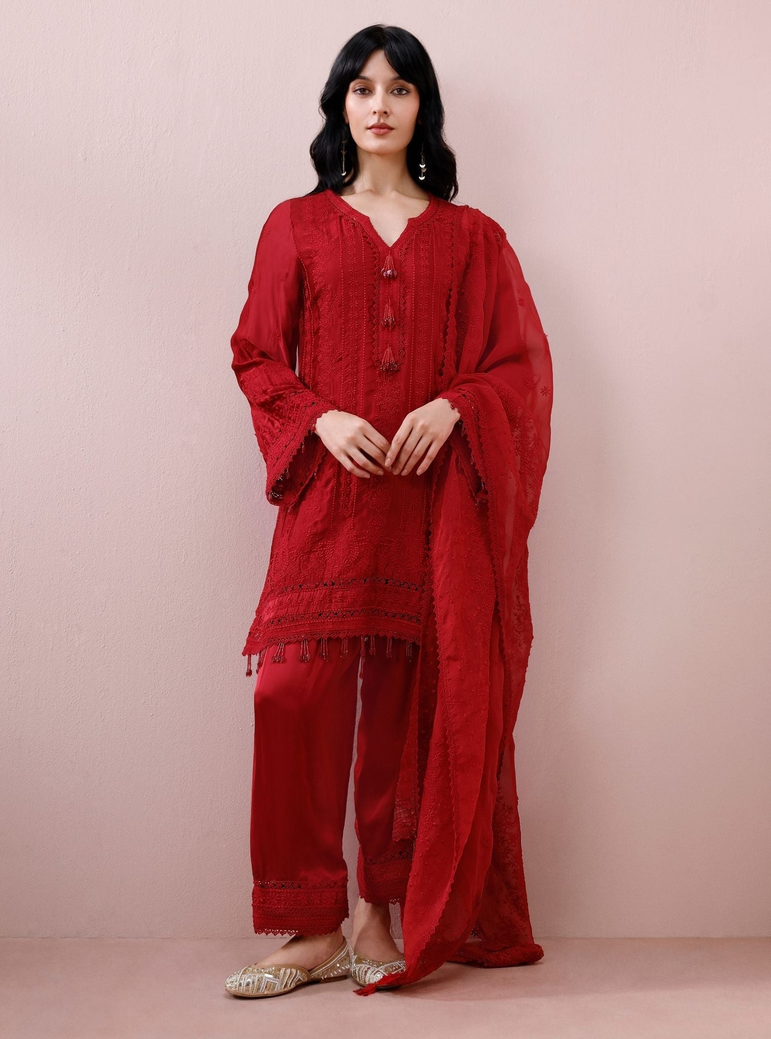 Zuri Cupro Satin Red Kurta With Farshi Salwar