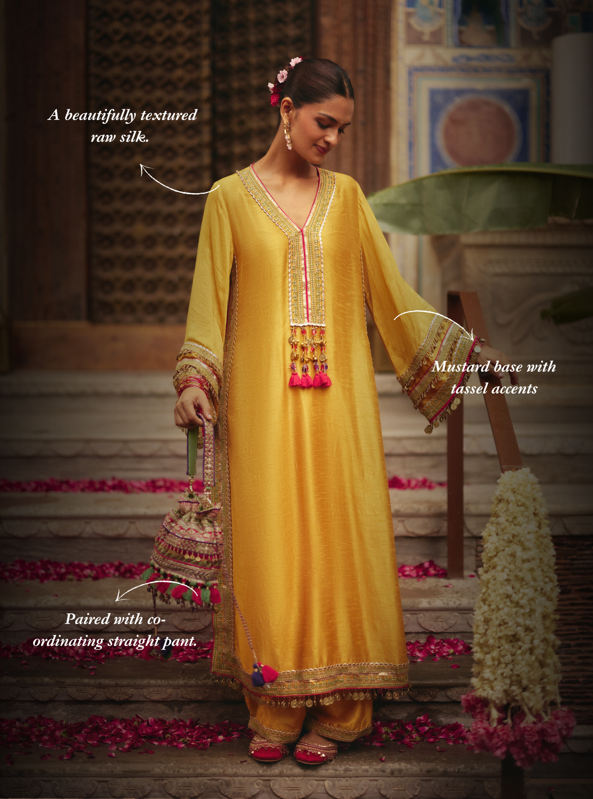 Shaabni Bemberg Raw Silk Mustard Kaftan Set