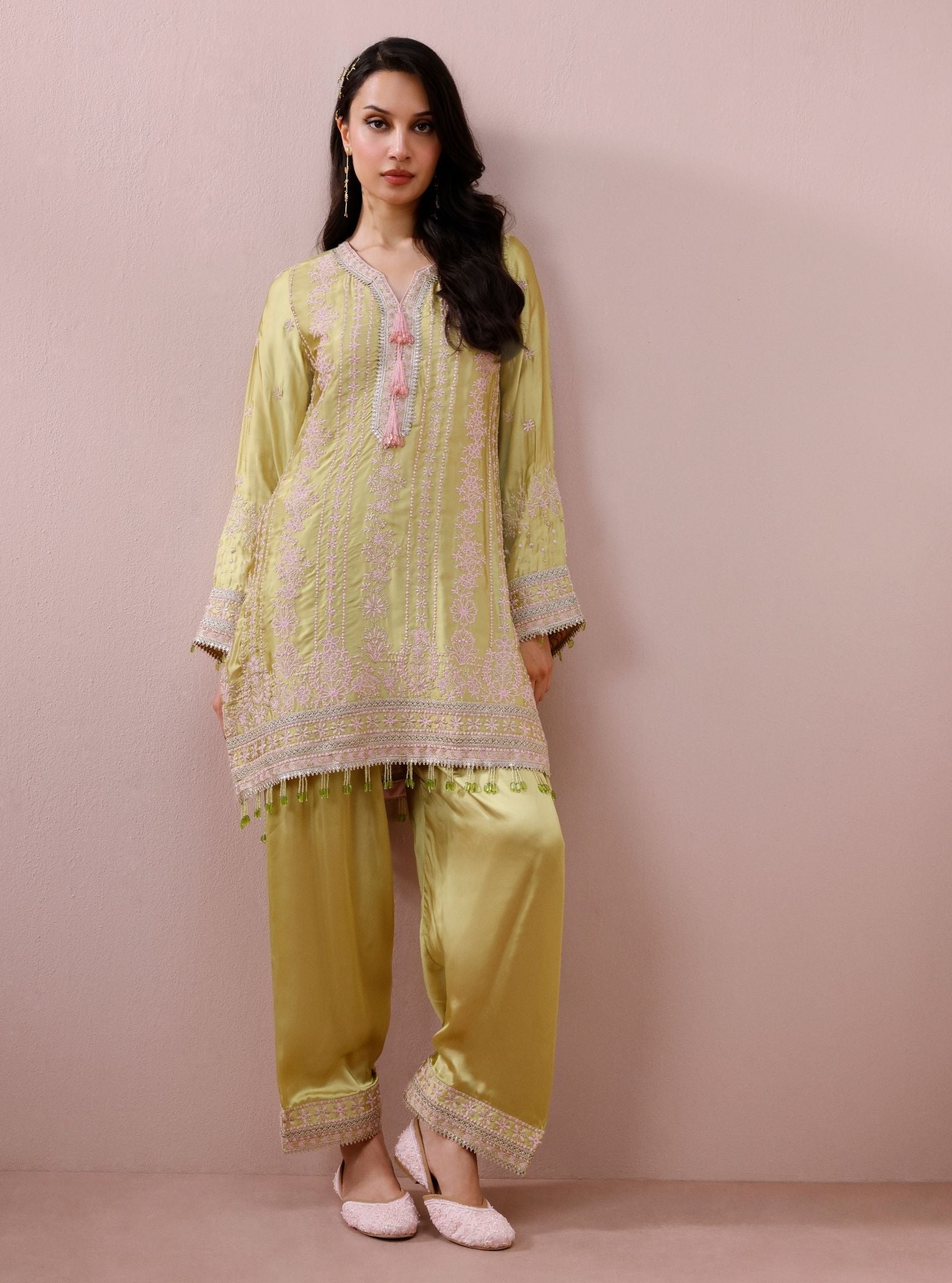 Zuri Cupro Satin Lime Kurta With Farshi Salwar