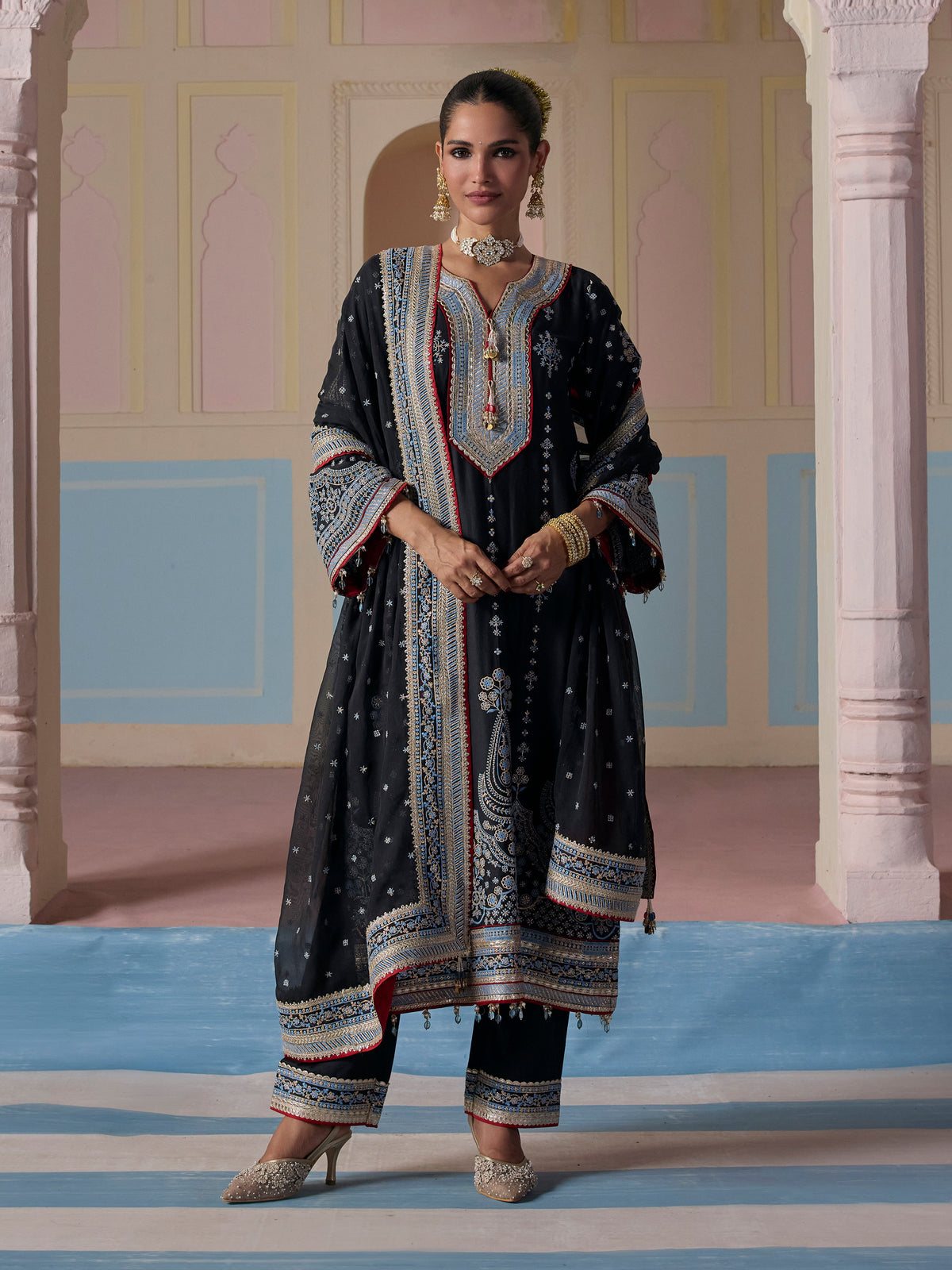 Ovee Pima Satin Black Long Kurta Set