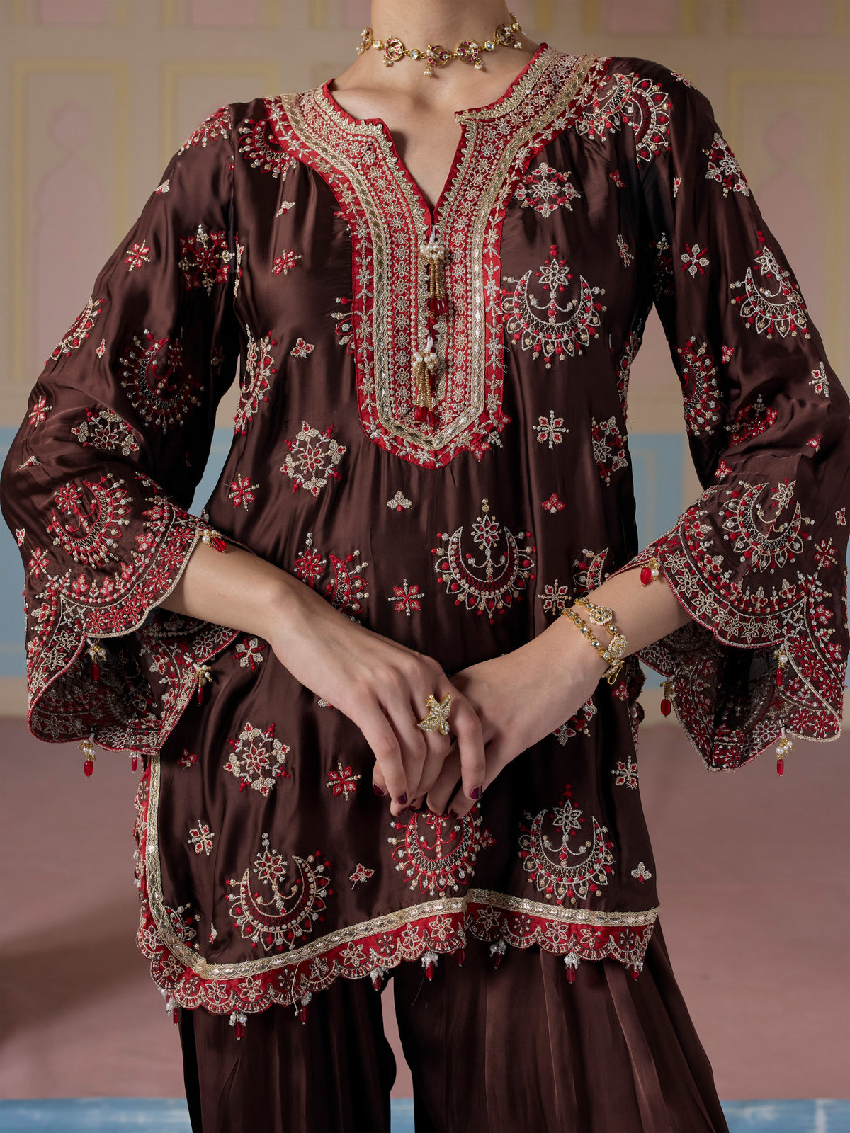 Jori Cupro Satin Brown Kurta With Farshi Salwar