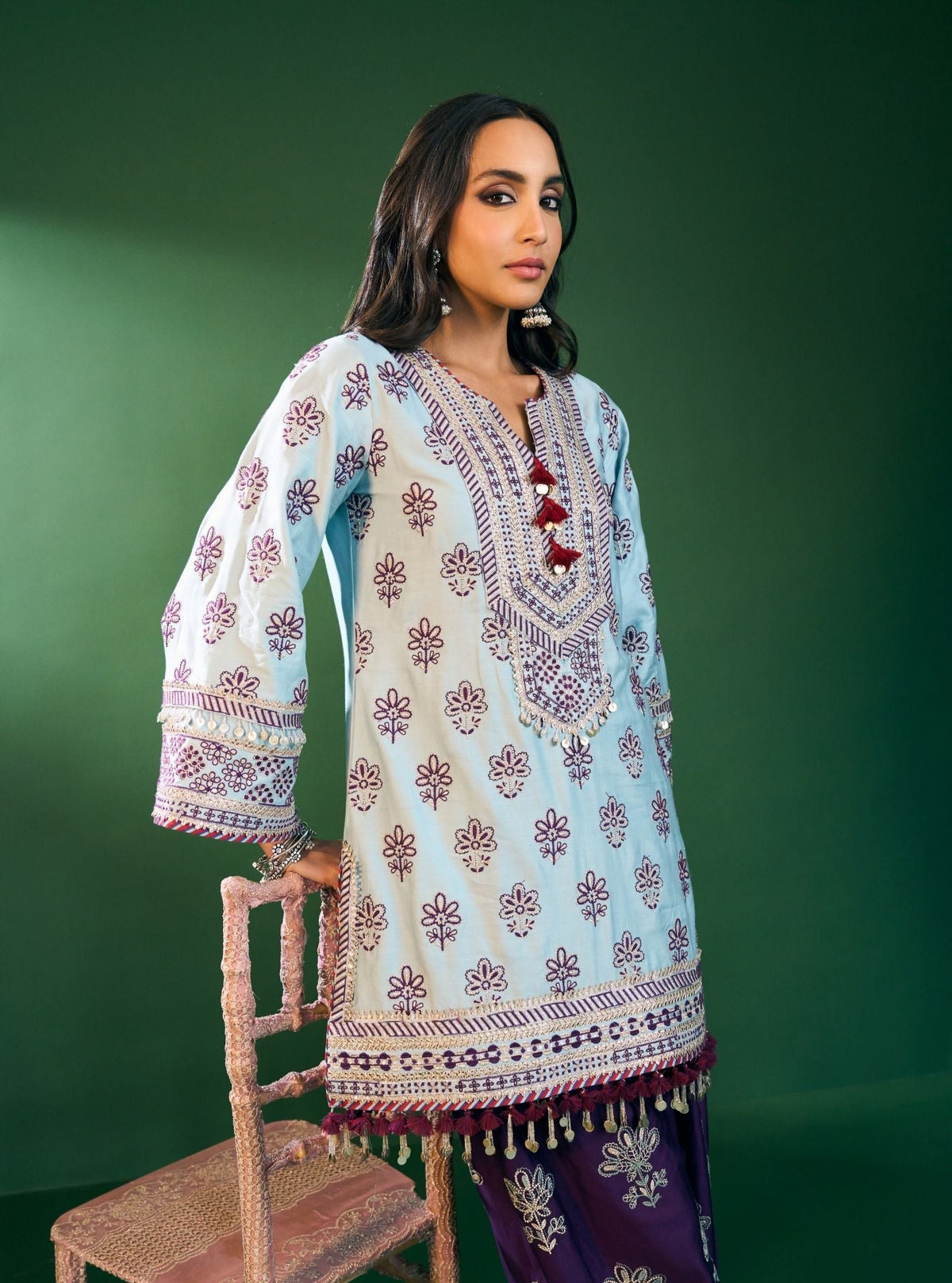 Lani Pima Satin Sky Blue Kurta With Farshi Salwar