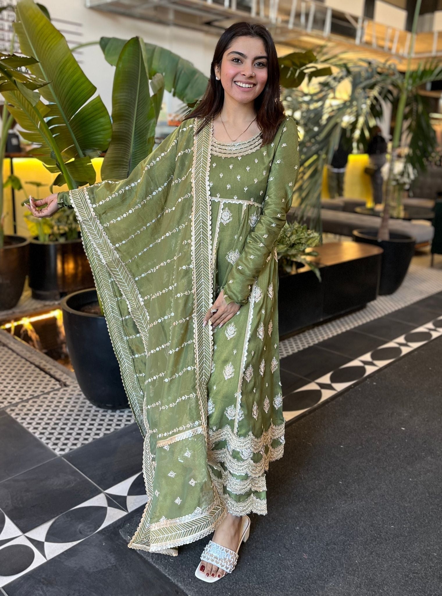 Gulabo Tissue Linen Satin Green Anarkali Kurta Set