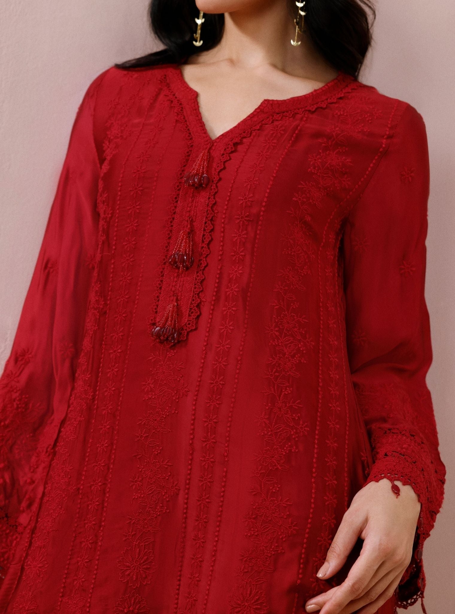 Zuri Cupro Satin Red Kurta With Farshi Salwar