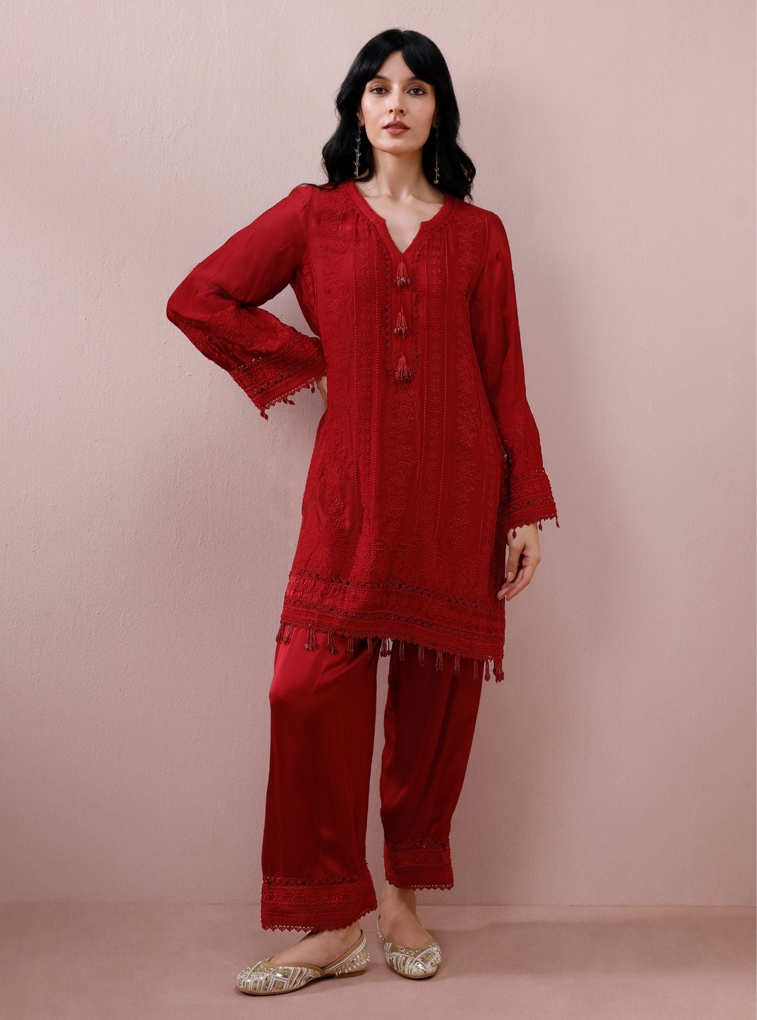 Zuri Cupro Satin Red Kurta With Farshi Salwar