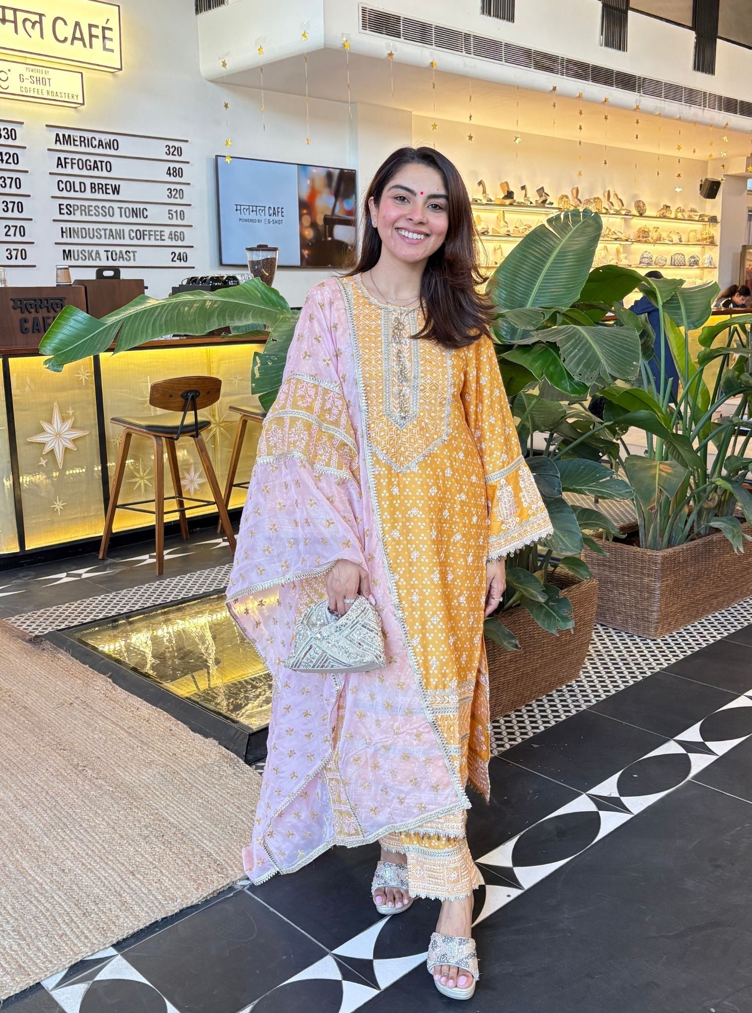 Lari Pima Satin Printed Mustard Kurta Set