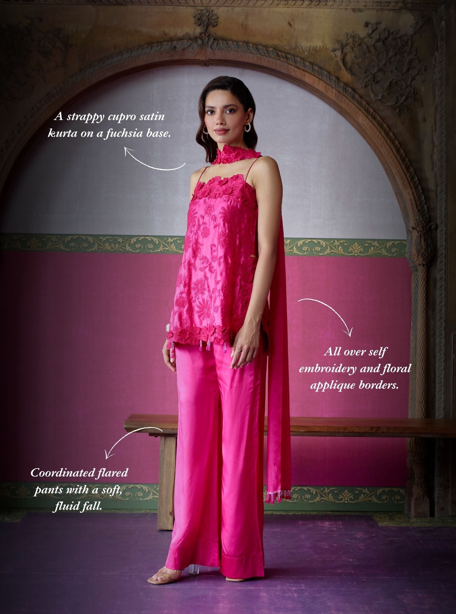 Jheel Cupro Satin Fuchsia Co-ord Set with Scarf