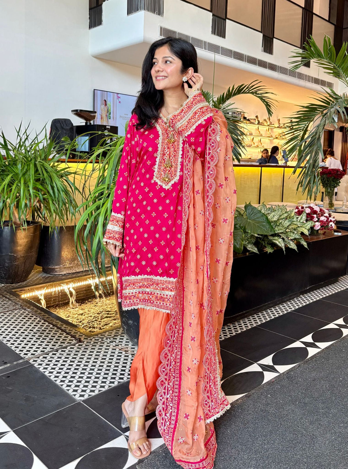 Survani Bemberg Satin Fuschia Kurta With Orange Salwar
