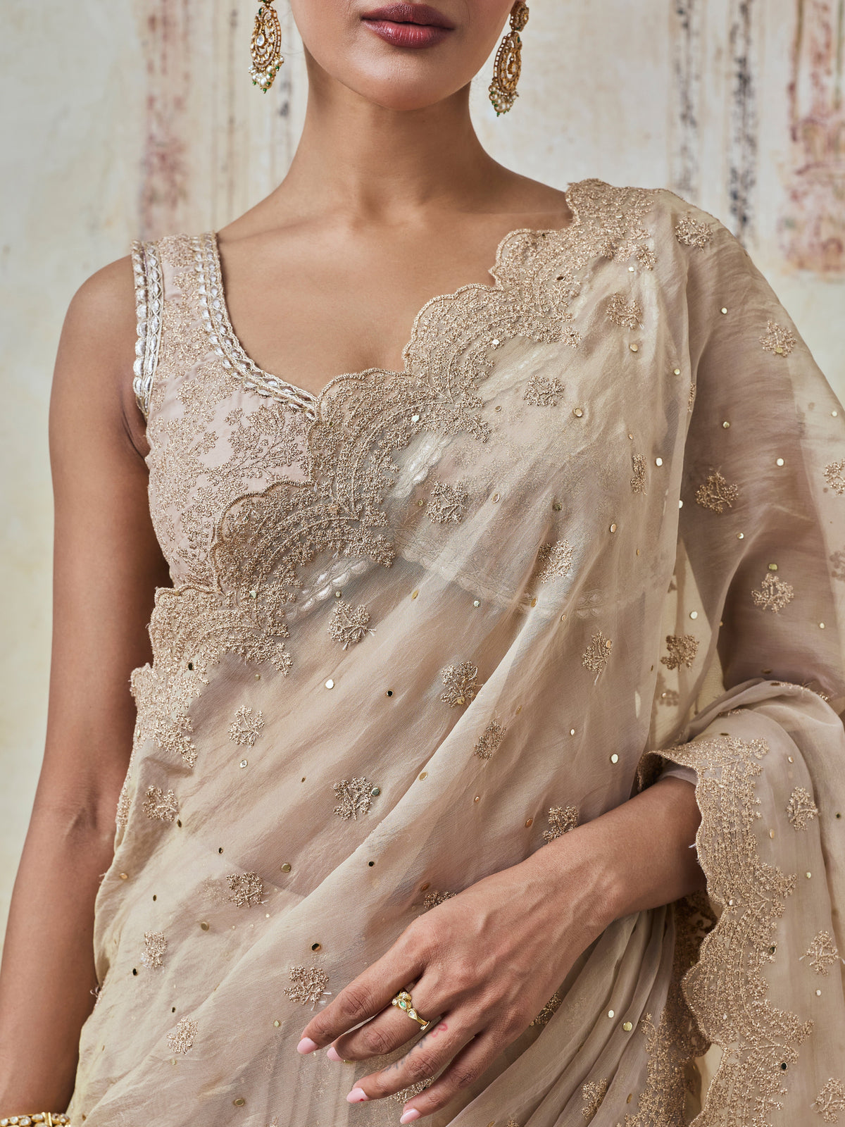Adiva Lurex Organza Champagne Pre-draped Saree
