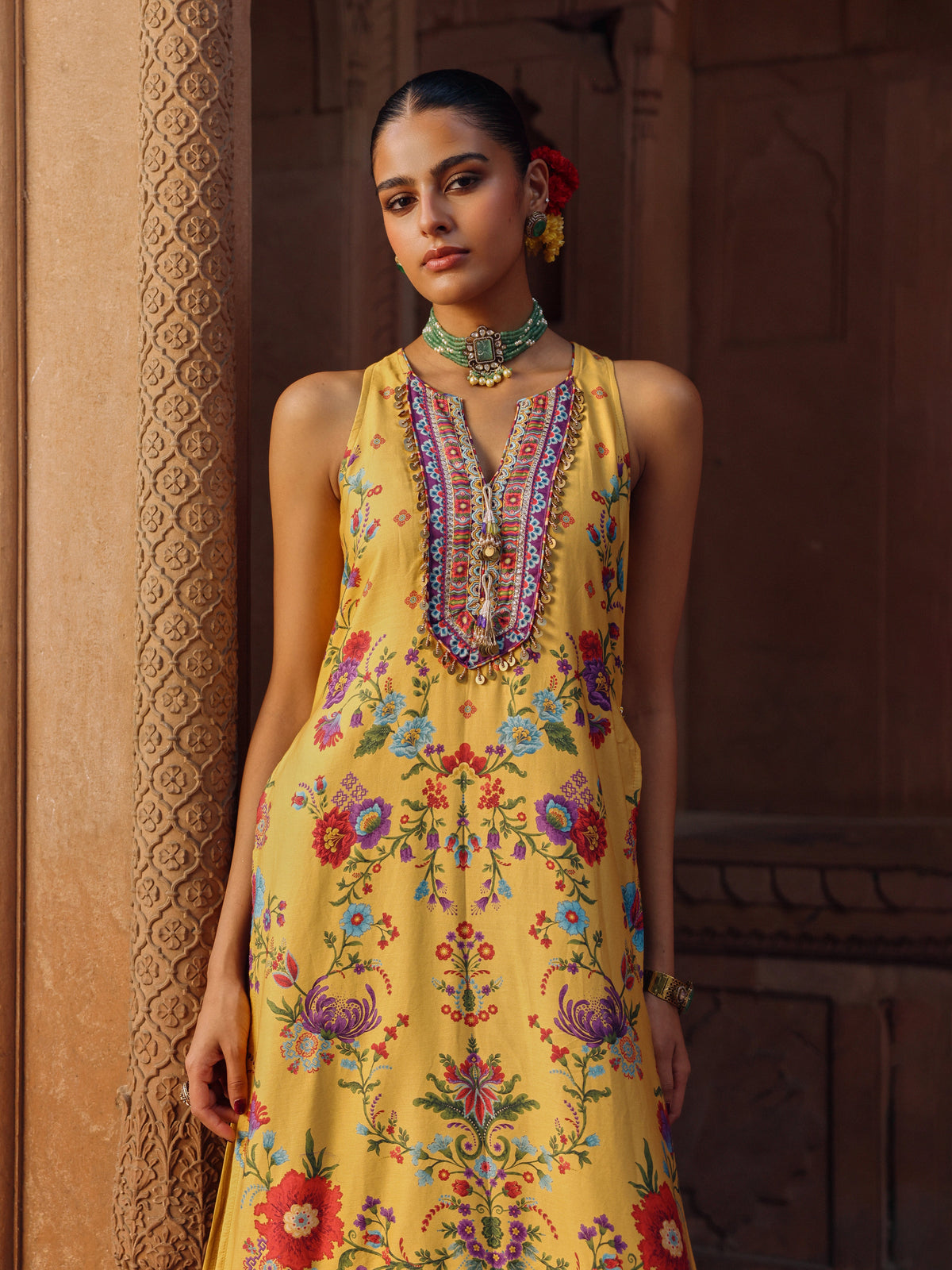 Kair Pima Satin Printed Mustard Kurta Set