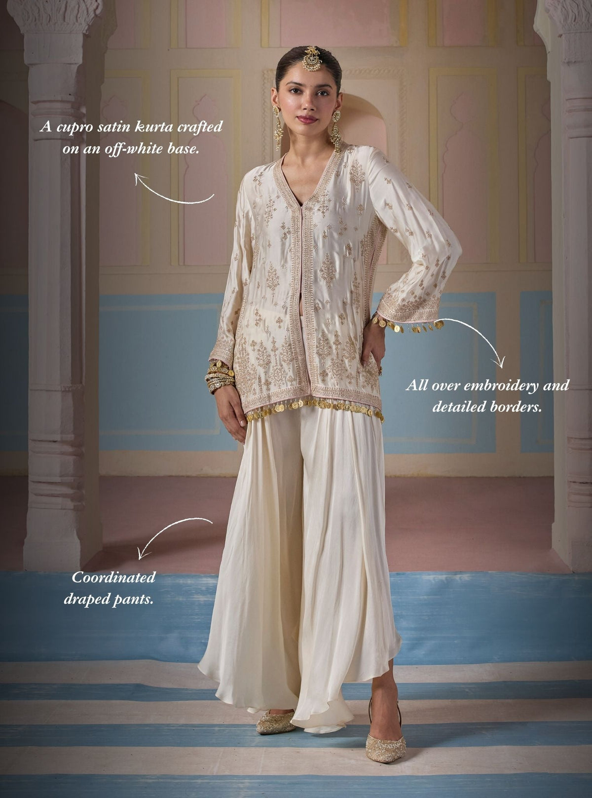 Laado Cupro Satin Off White Jacket with Draped Pants