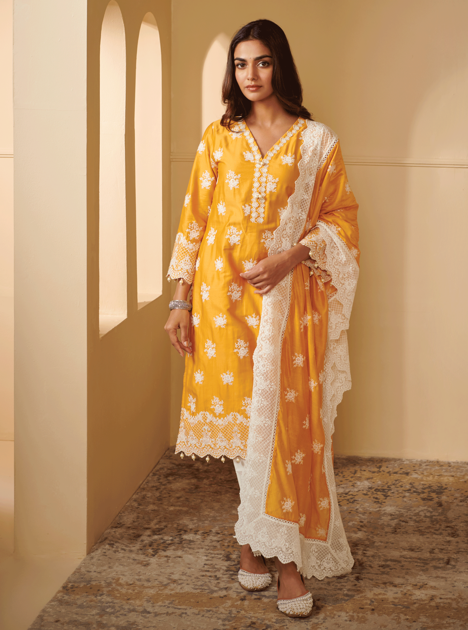 Mulmul Supima Cotton Vaigai Yellow Dupatta