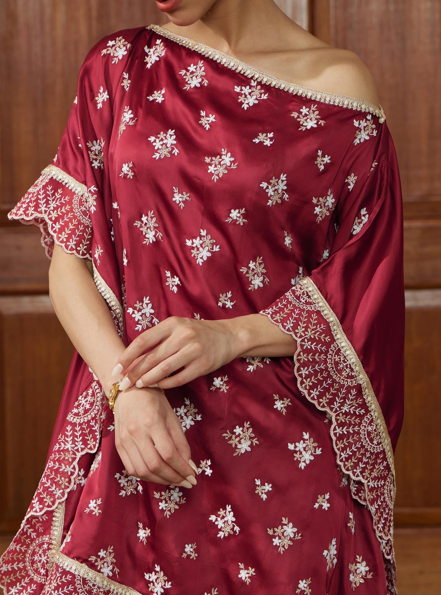 Kasuni Cupro Wine Kaftan with Dhoti Pant Set