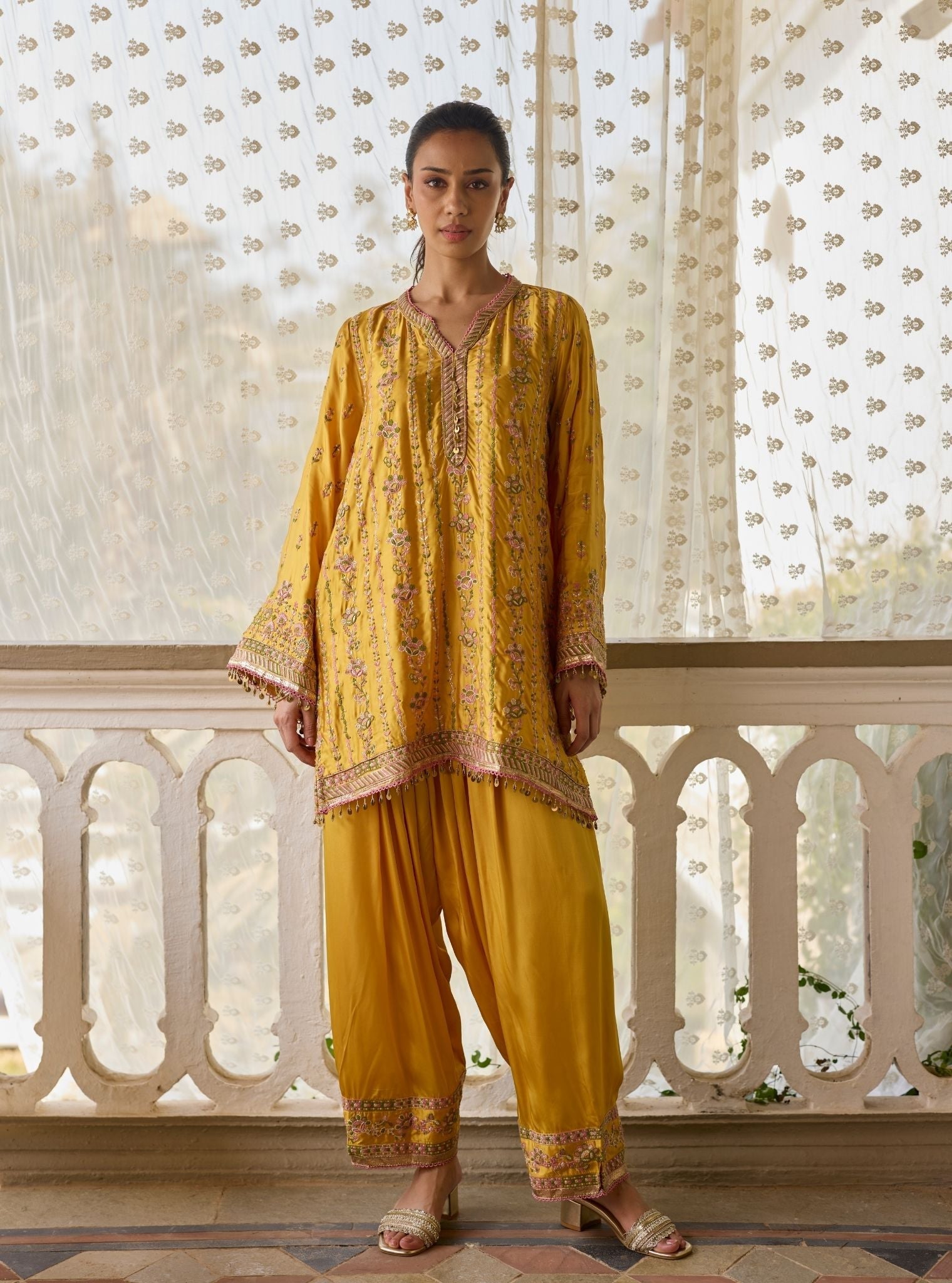 Pralika Bemberg Satin Mustard Kurta With Farshi Salwar