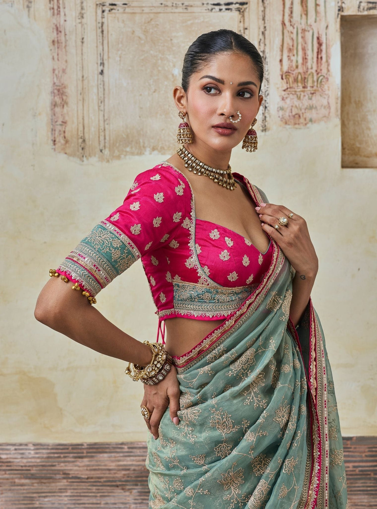 Parthi Lurex Organza Teal Saree with Raw Silk Blouse