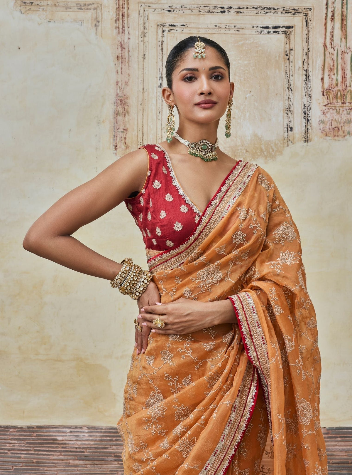 Parthi Lurex Organza Orange Saree with Raw Silk Blouse